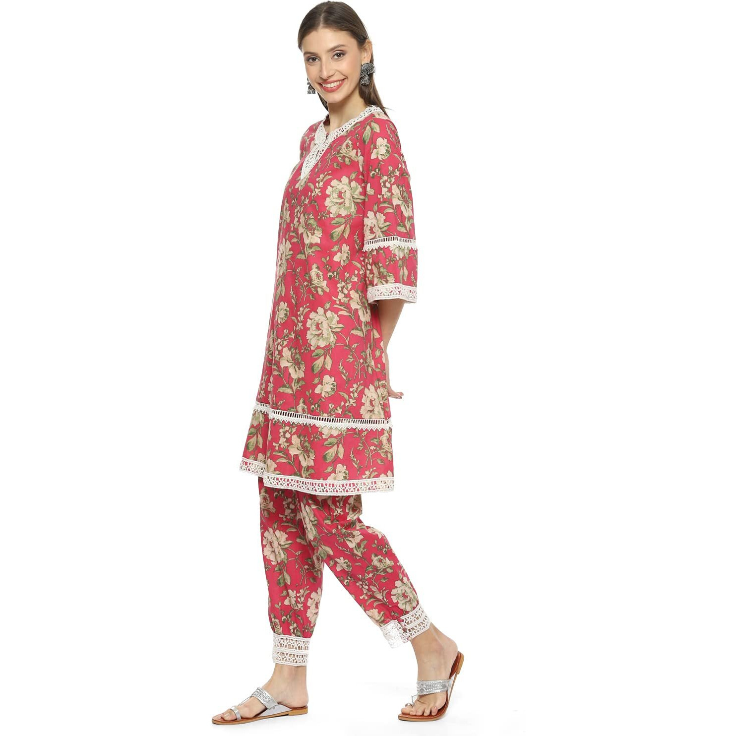 BIBA Women's Cotton Printed Relaxed Mix & Match (Roses An1976_Pink_40, Suit Set)