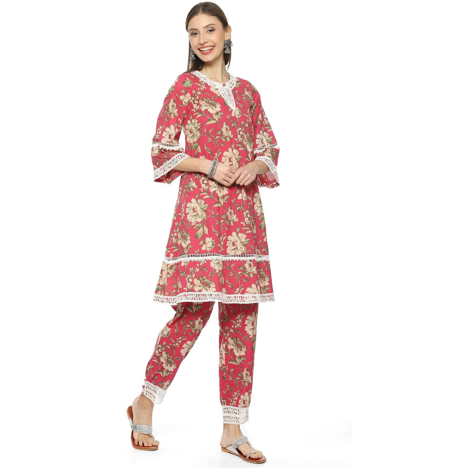 BIBA Women's Cotton Printed Relaxed Mix & Match (Roses An1976_Pink_40, Suit Set)