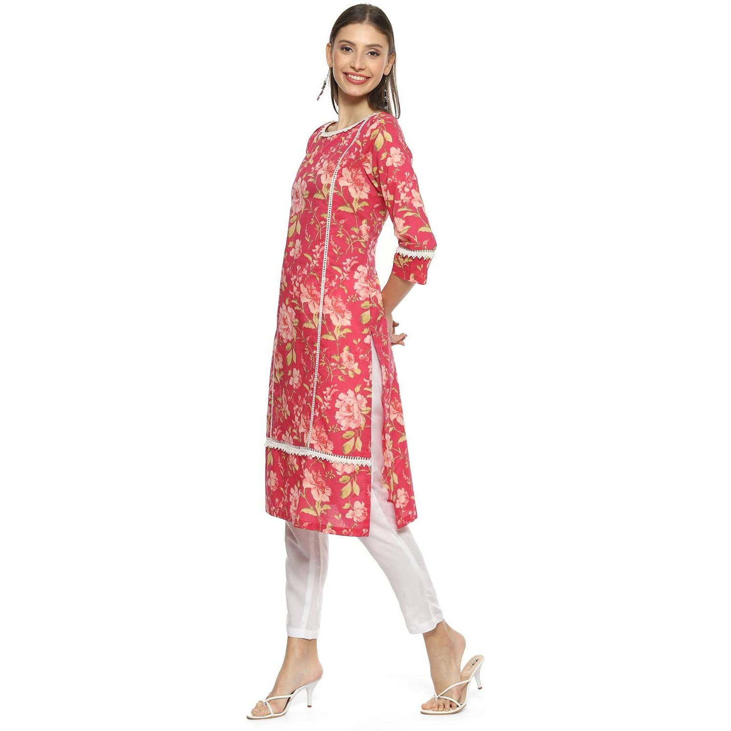 BIBA Women's Printed Mix and Match(Roses An19175_Pink_32) - Cotton, Regular, Kurta