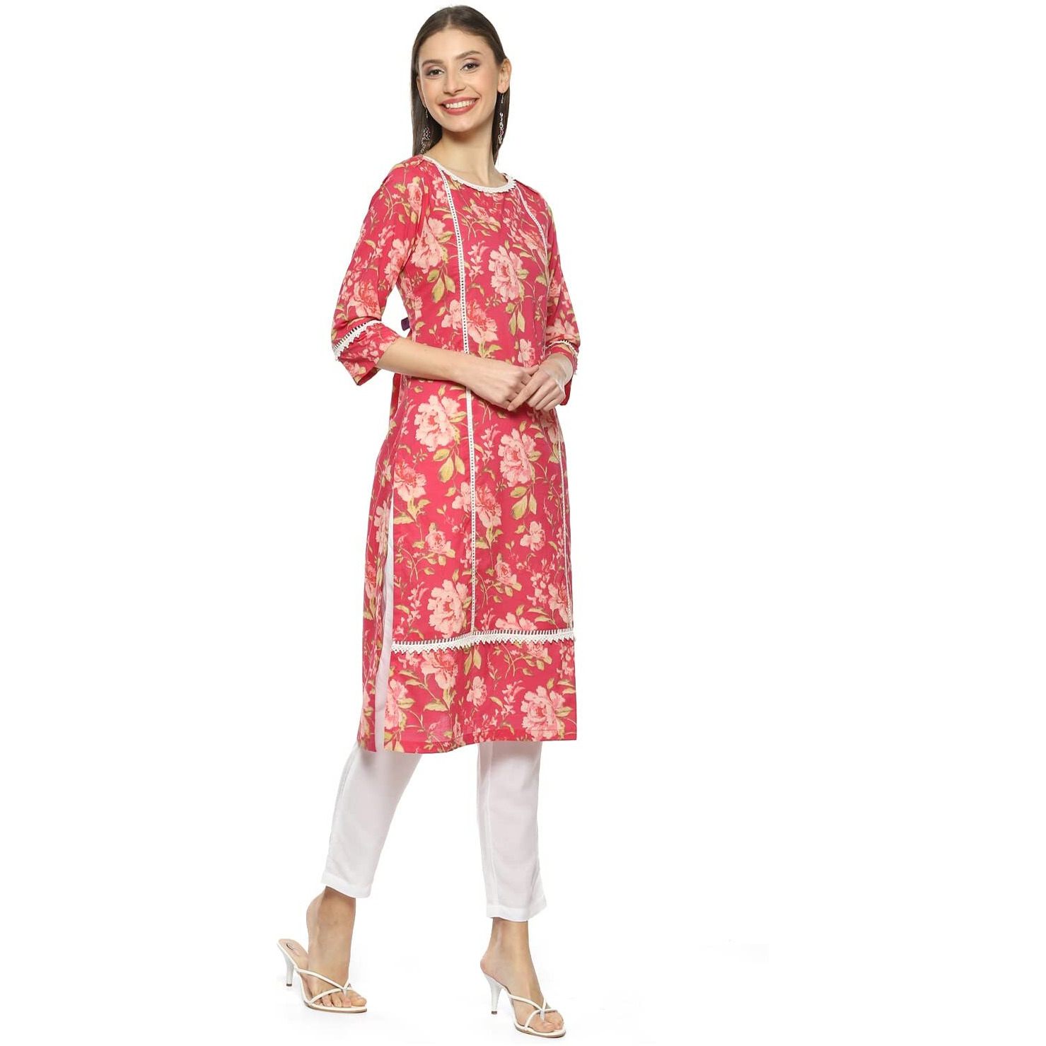 BIBA Women's Printed Mix and Match(Roses An19175_Pink_32) - Cotton, Regular, Kurta