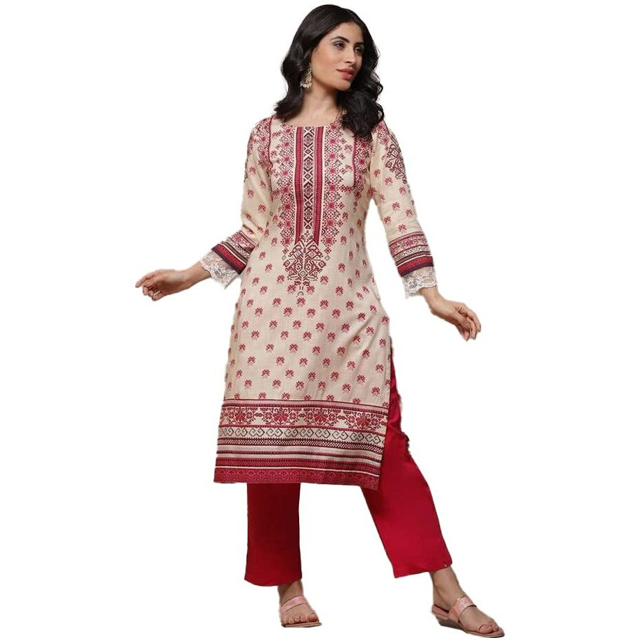BIBA Printed Rayon Round Neck Women's Kurta (Pink,Size_38)