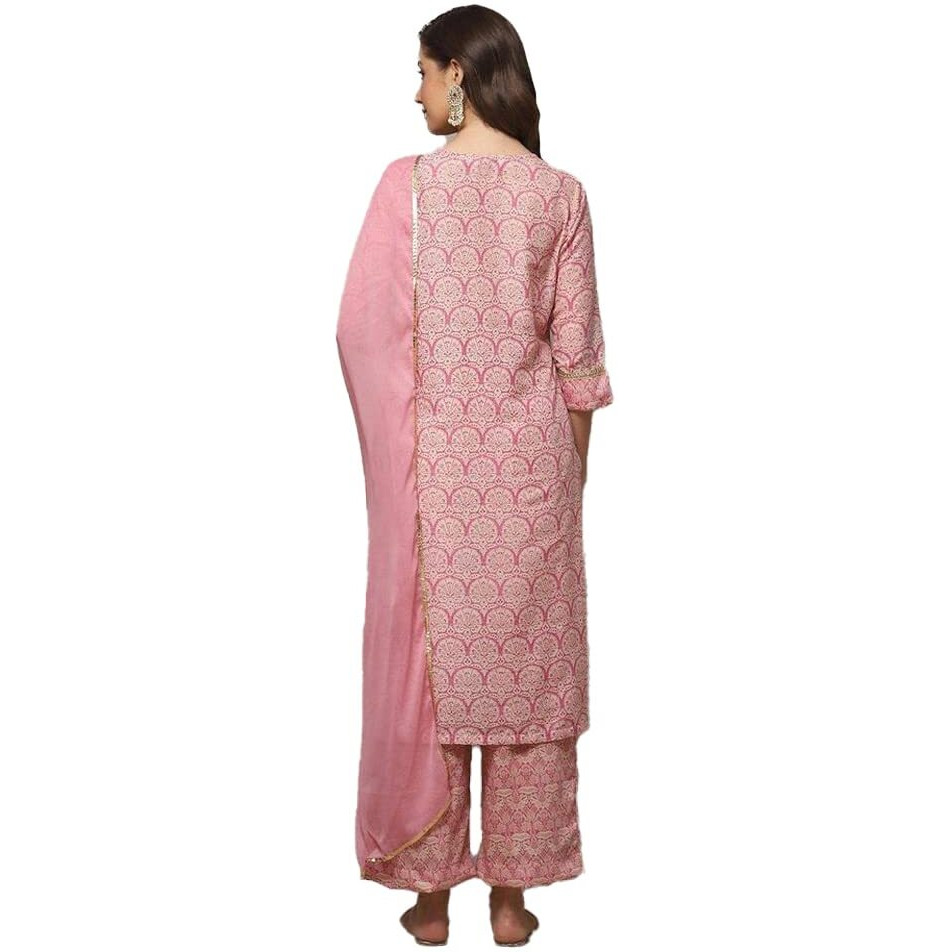 BIBA Polyester Blend Women Printed Straight Salwar Kurta Dupatta(Skdassorted8738_Pink_38)