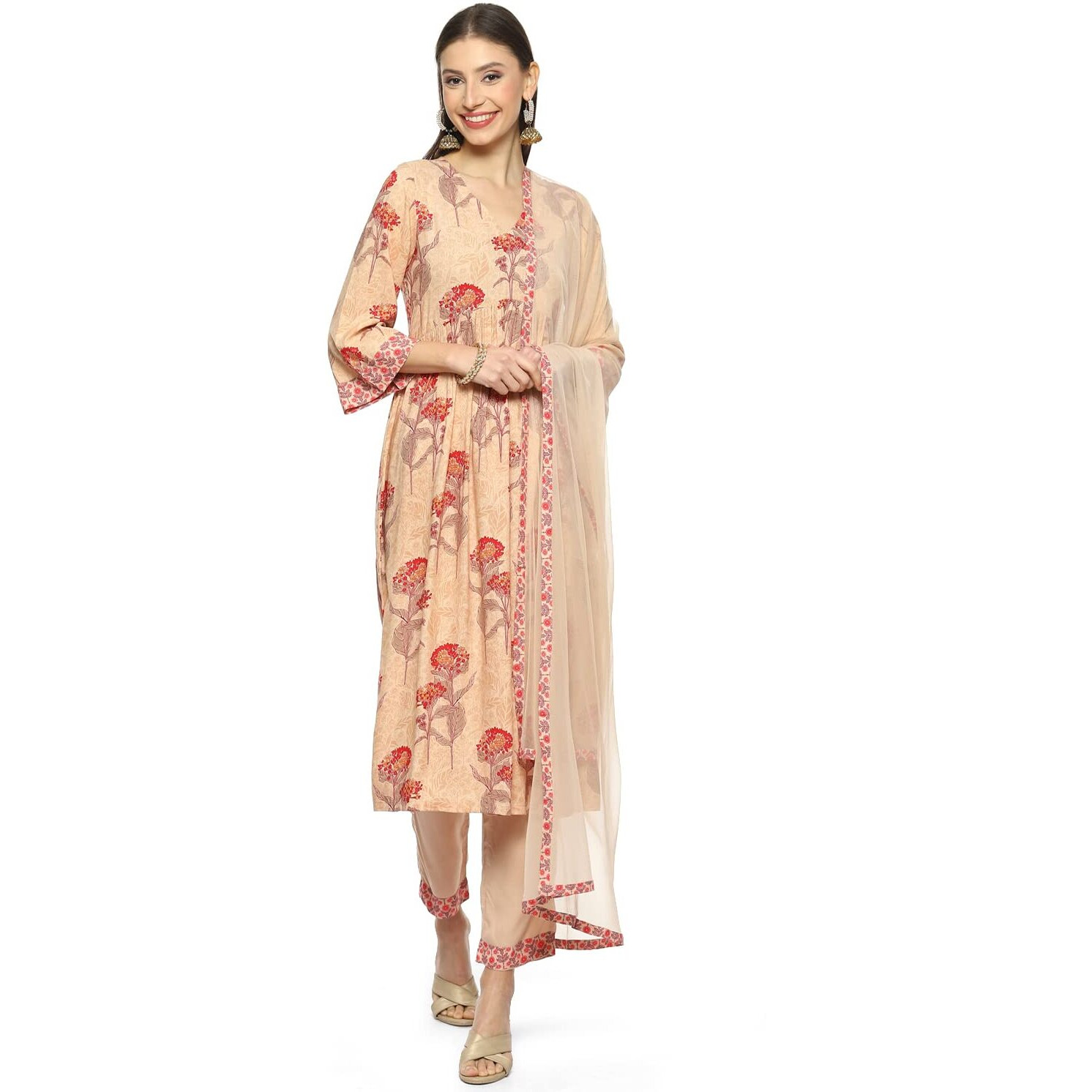 BIBA Women Printed Narrow Salwar Kurta Dupatta(SKDASSORTED8760_Beige_34)