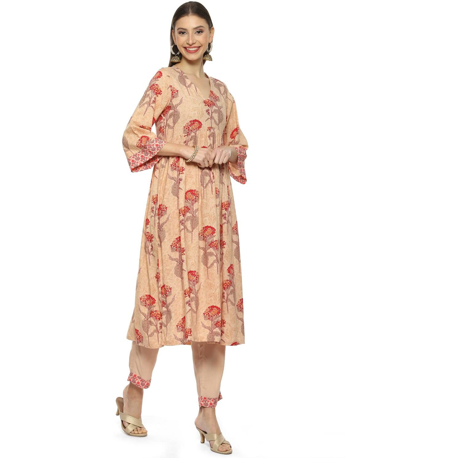 BIBA Women Printed Narrow Salwar Kurta Dupatta(SKDASSORTED8760_Beige_34)