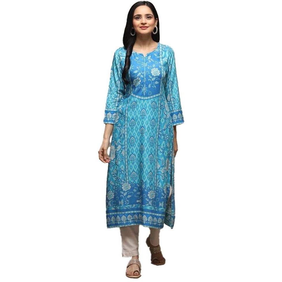 BIBA Printed Rayon Round Neck Women's Kurta (Blue,Size_34)