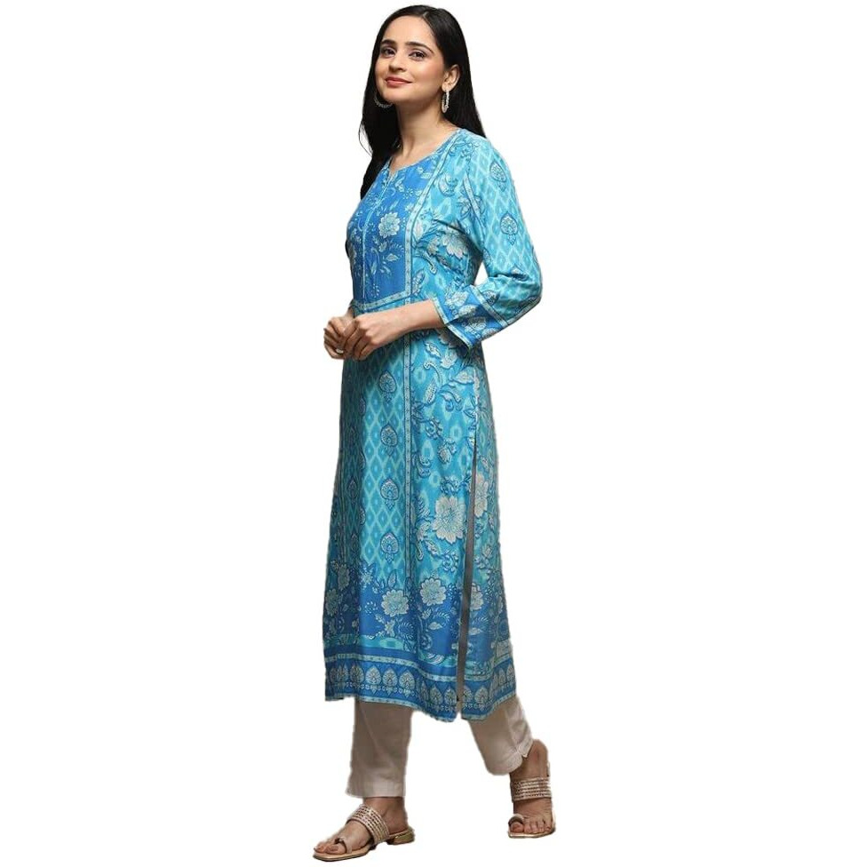 BIBA Printed Rayon Round Neck Women's Kurta (Blue,Size_34)
