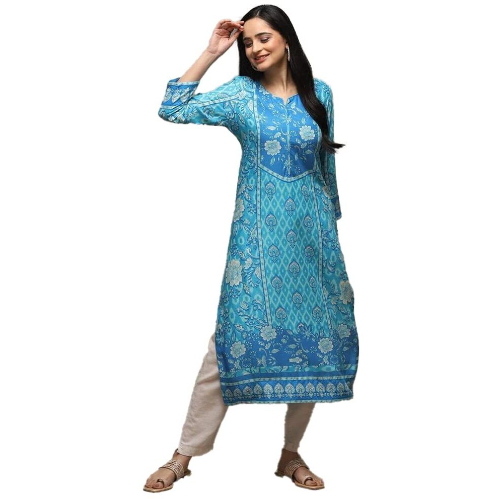BIBA Printed Rayon Round Neck Women's Kurta (Blue,Size_34)