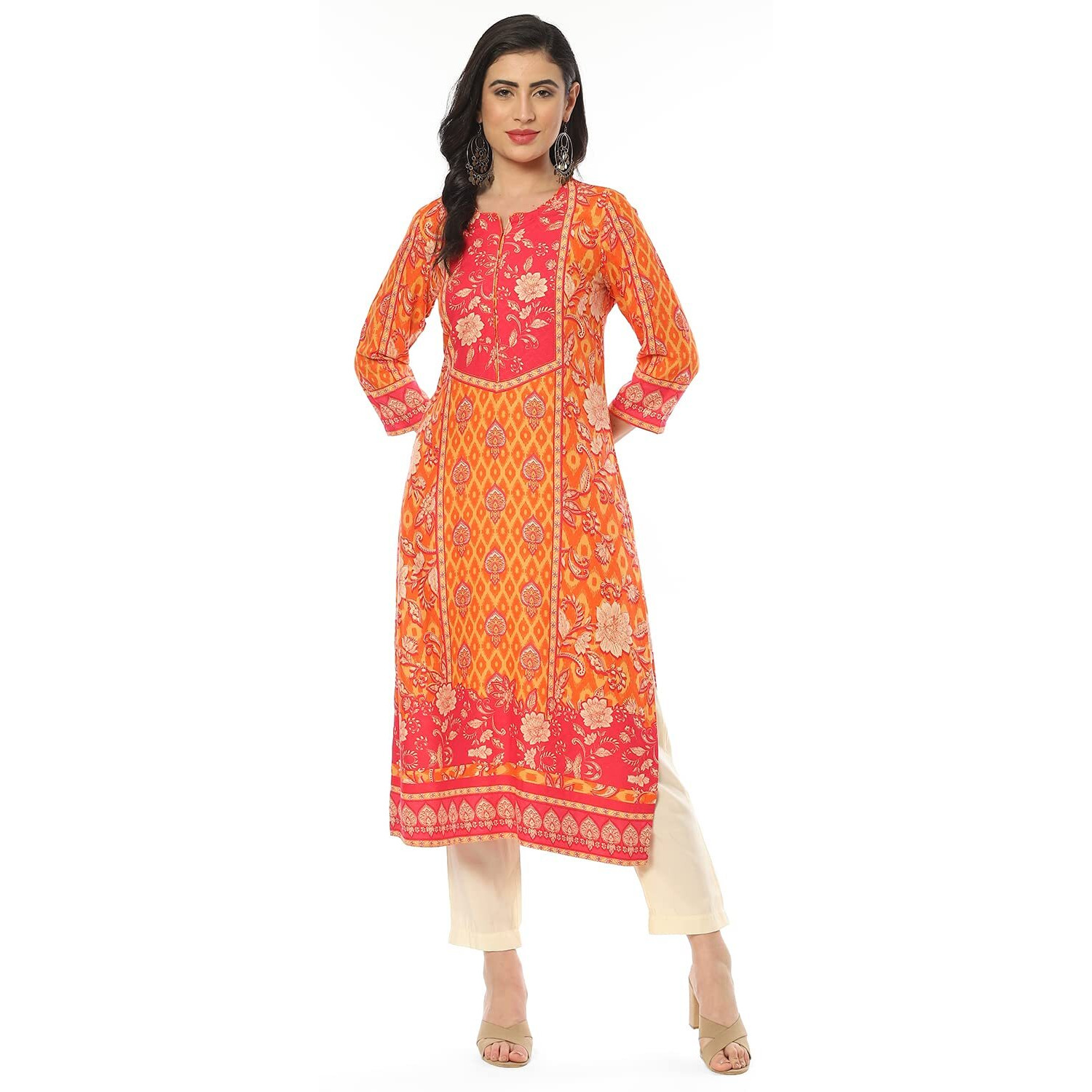 BIBA Women Rayon Printed Regular Mix and Match Kurta(Assorted19359_Orange_32)