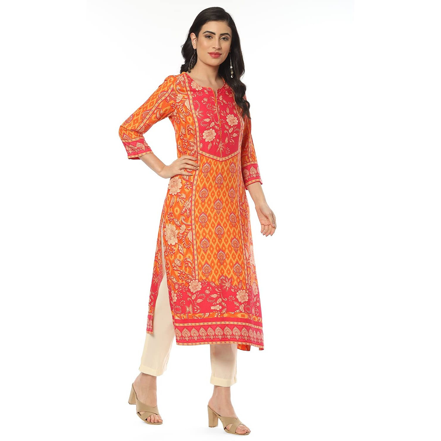 BIBA Women Rayon Printed Regular Mix and Match Kurta(Assorted19359_Orange_32)