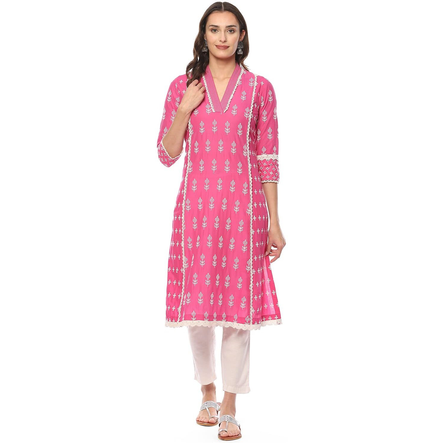 BIBA Cotton Women Solid Embroidred Regular Mix and Match Kurta(Color Po19315_Pink_40)