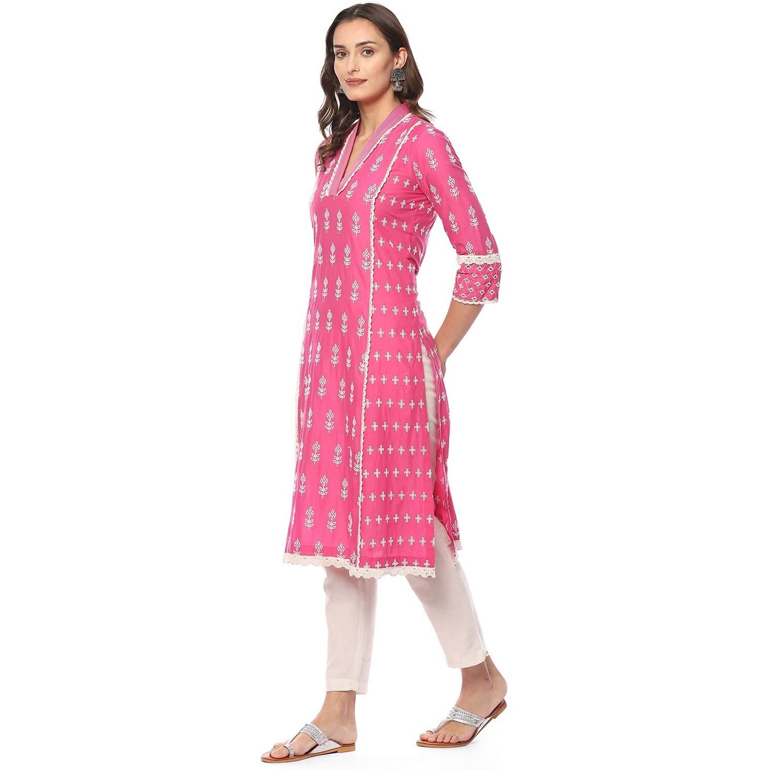 BIBA Cotton Women Solid Embroidred Regular Mix and Match Kurta(Color Po19315_Pink_40)