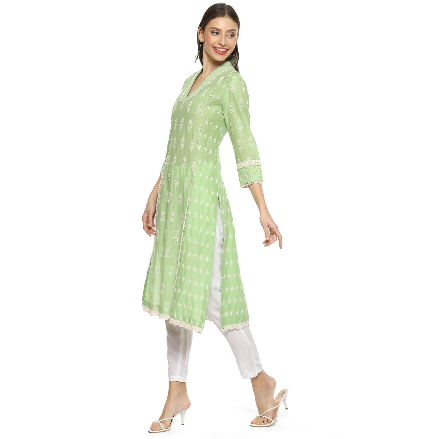 BIBA Cotton Women Solid Embroidred Regular Mix and Match Kurta (Color Po19315_Green_42)