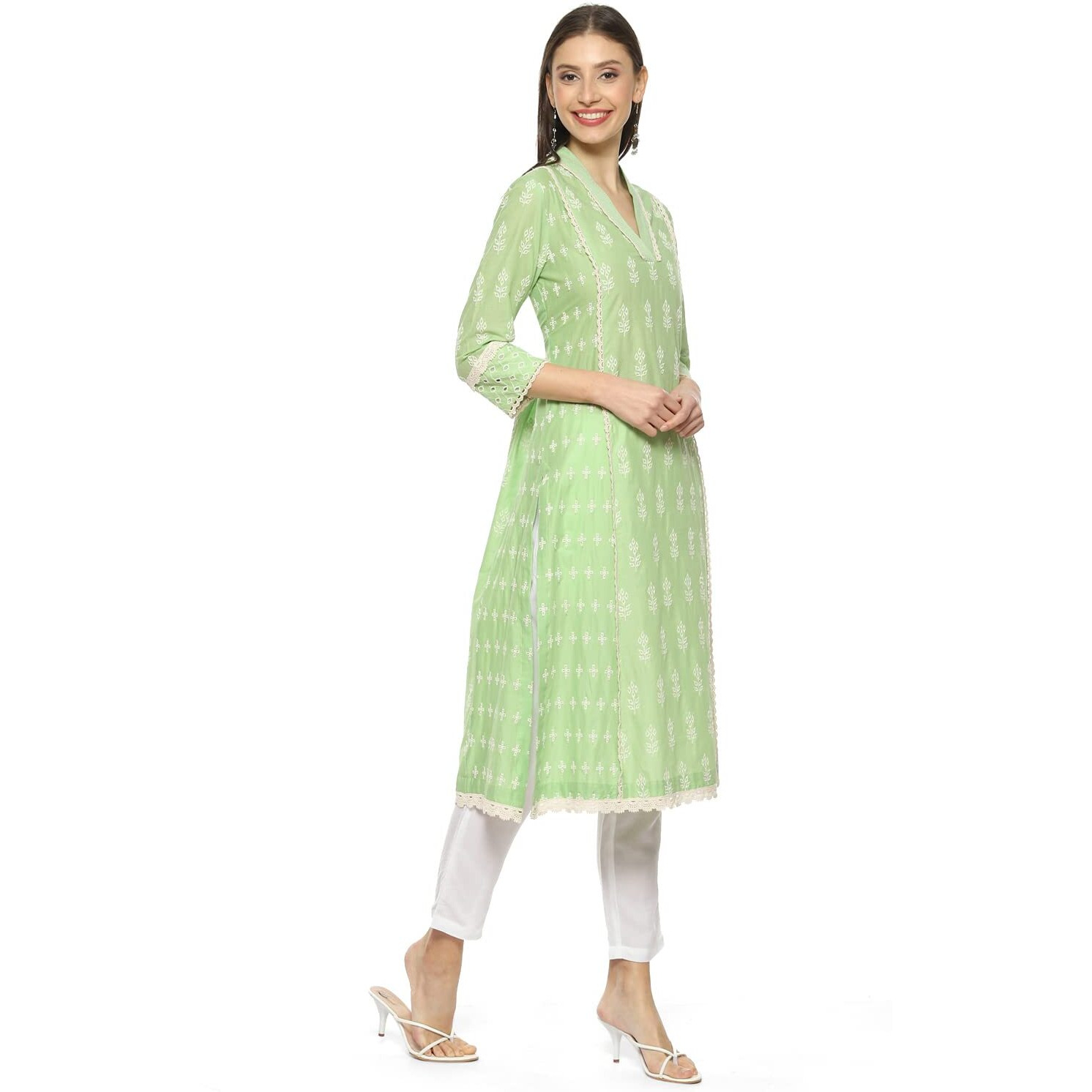 BIBA Cotton Women Solid Embroidred Regular Mix and Match Kurta (Color Po19315_Green_42)