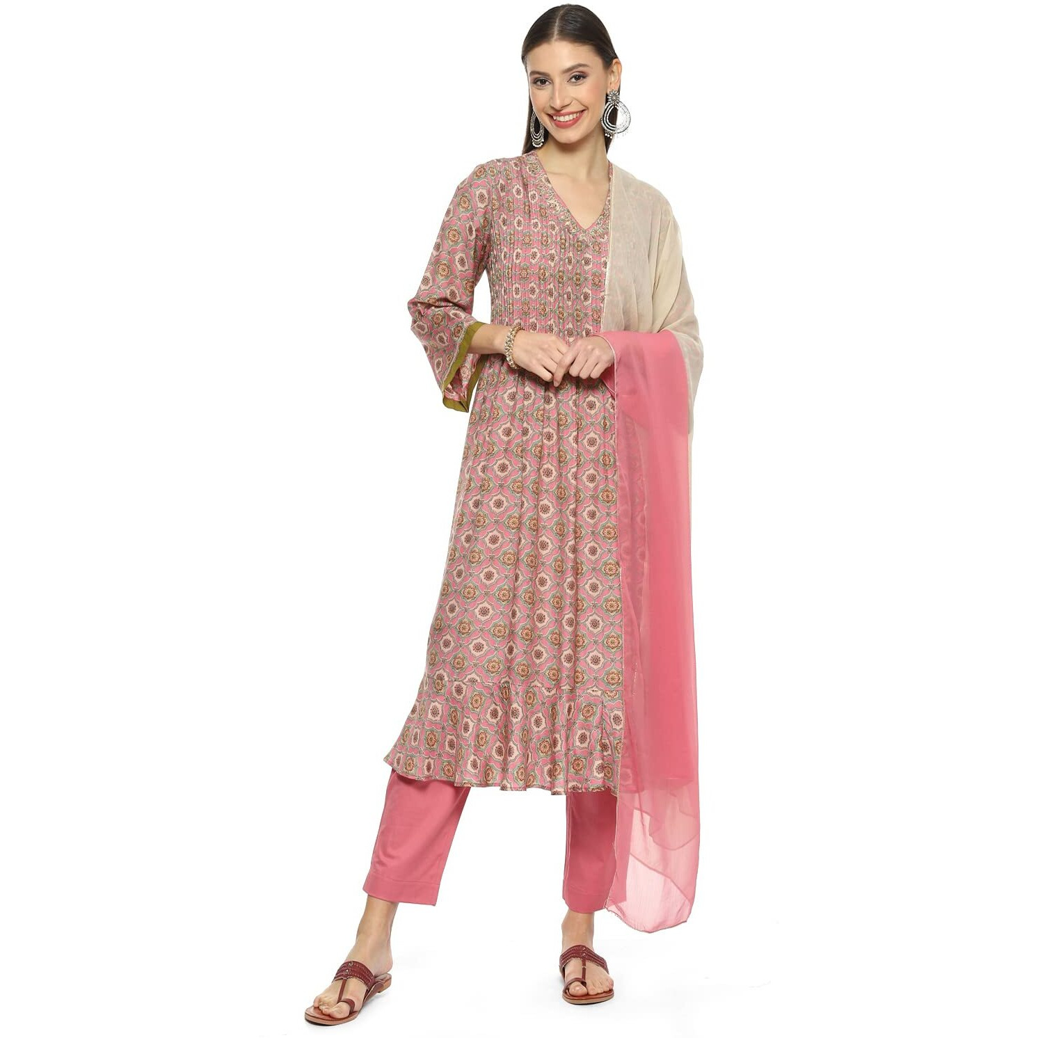 BIBA WOMEN PRINTED NARROW SALWAR KURTA DUPATTA(SKDAJRAK FI8515_PINK_40)