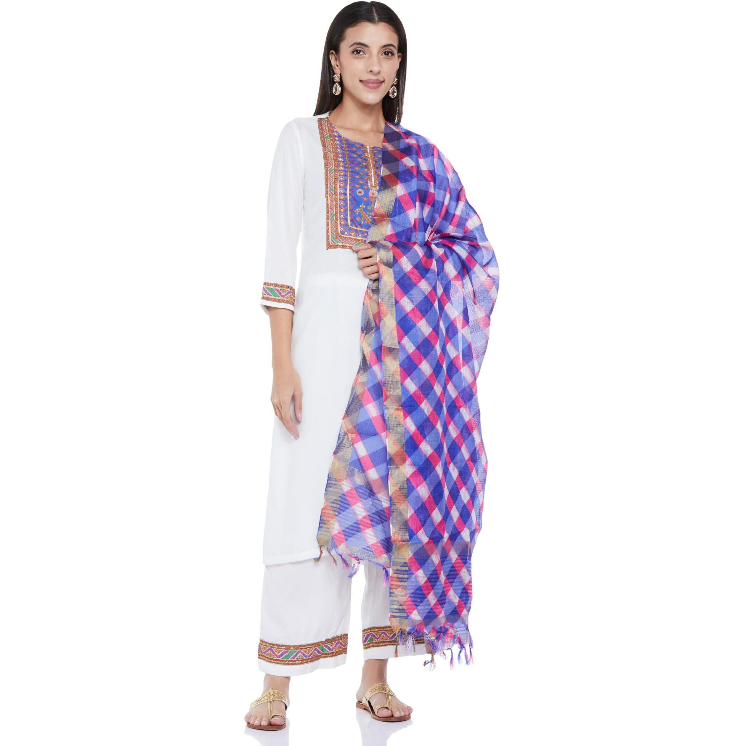 BIBA WOMEN PRINTED STRAIGHT SALWAR KURTA DUPATTA(SKDASSORTED8880E_OFF WHITE/BLUE_32)