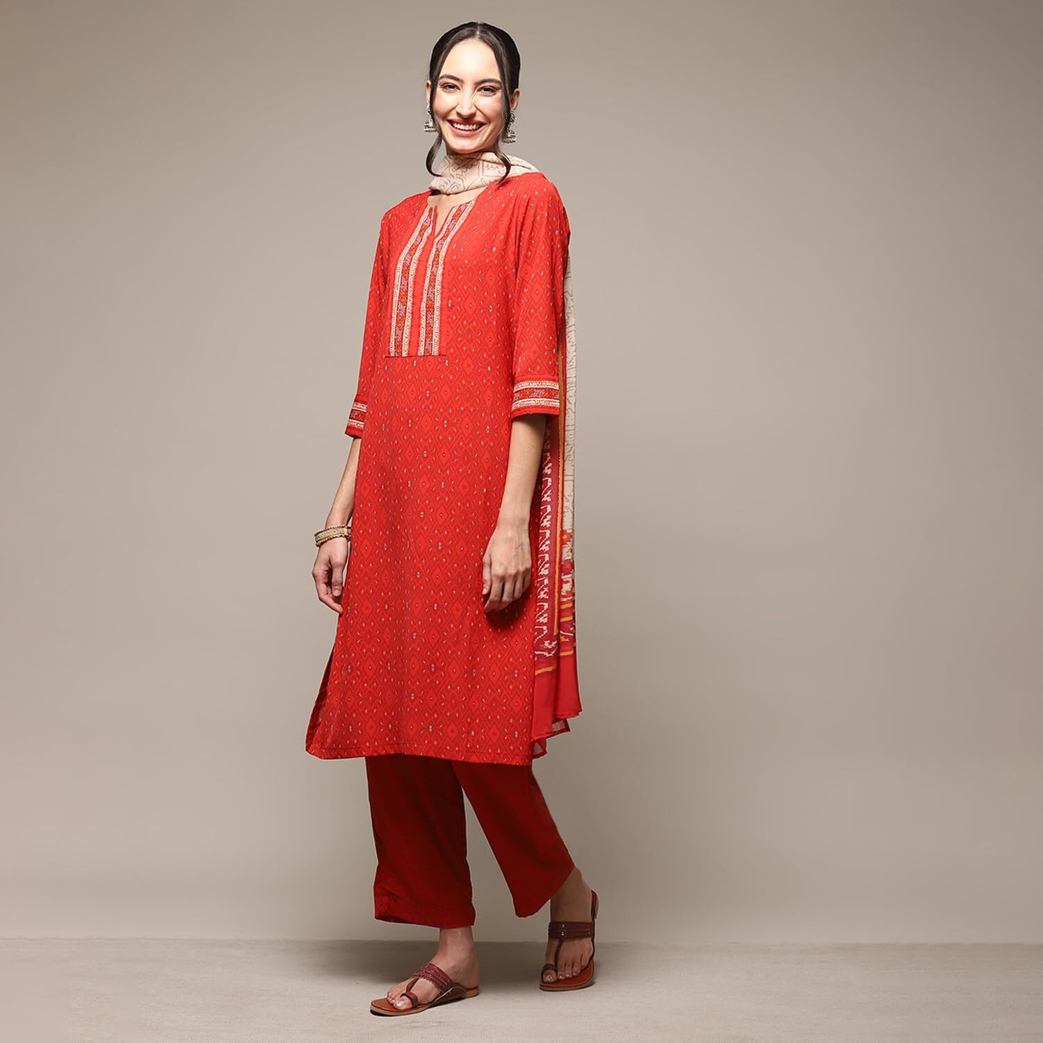 BIBA Polyester Women Printed Straight Salwar Kurta Dupatta(Skdassorted8834_Brown Red_34)