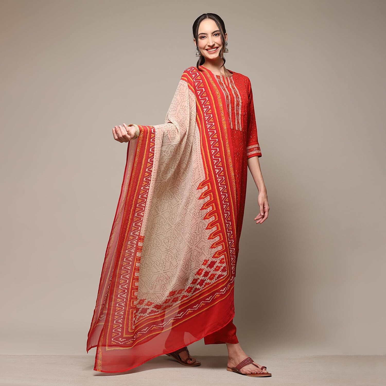 BIBA Polyester Women Printed Straight Salwar Kurta Dupatta(Skdassorted8834_Brown Red_34)