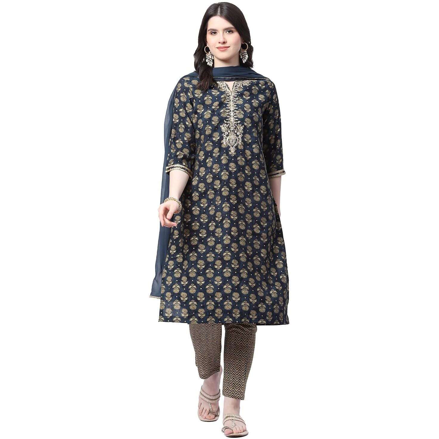 BIBA WOMEN PRINTED STRAIGHT SALWAR KURTA DUPATTA(SKDASSORTED8939_INDIGO_46)