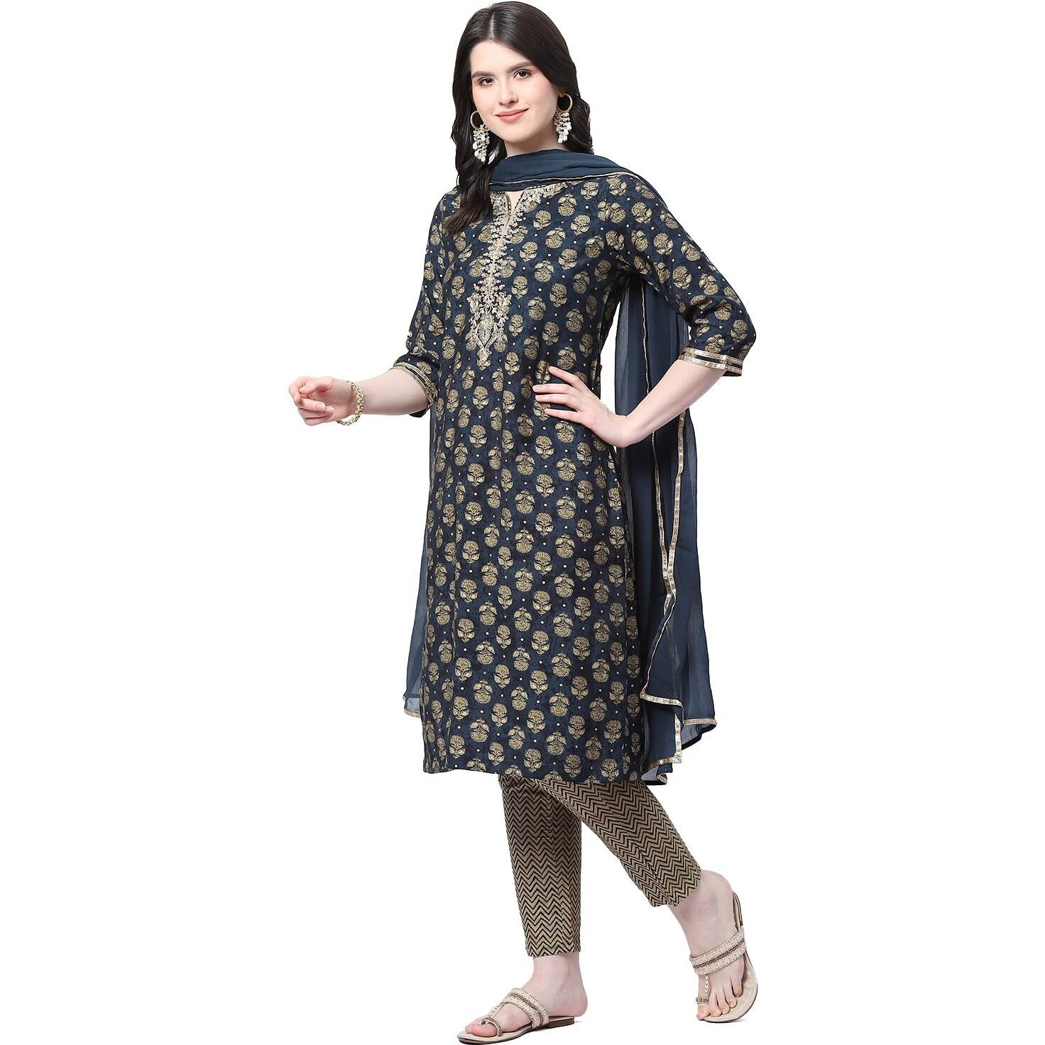BIBA WOMEN PRINTED STRAIGHT SALWAR KURTA DUPATTA(SKDASSORTED8939_INDIGO_46)