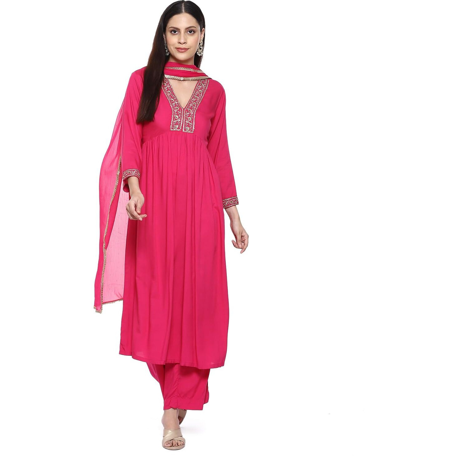 BIBA Cotton Blend Women's Solid Gathered Salwar Kurta Dupatta(Skdassorted8909_Fuchsia_32)