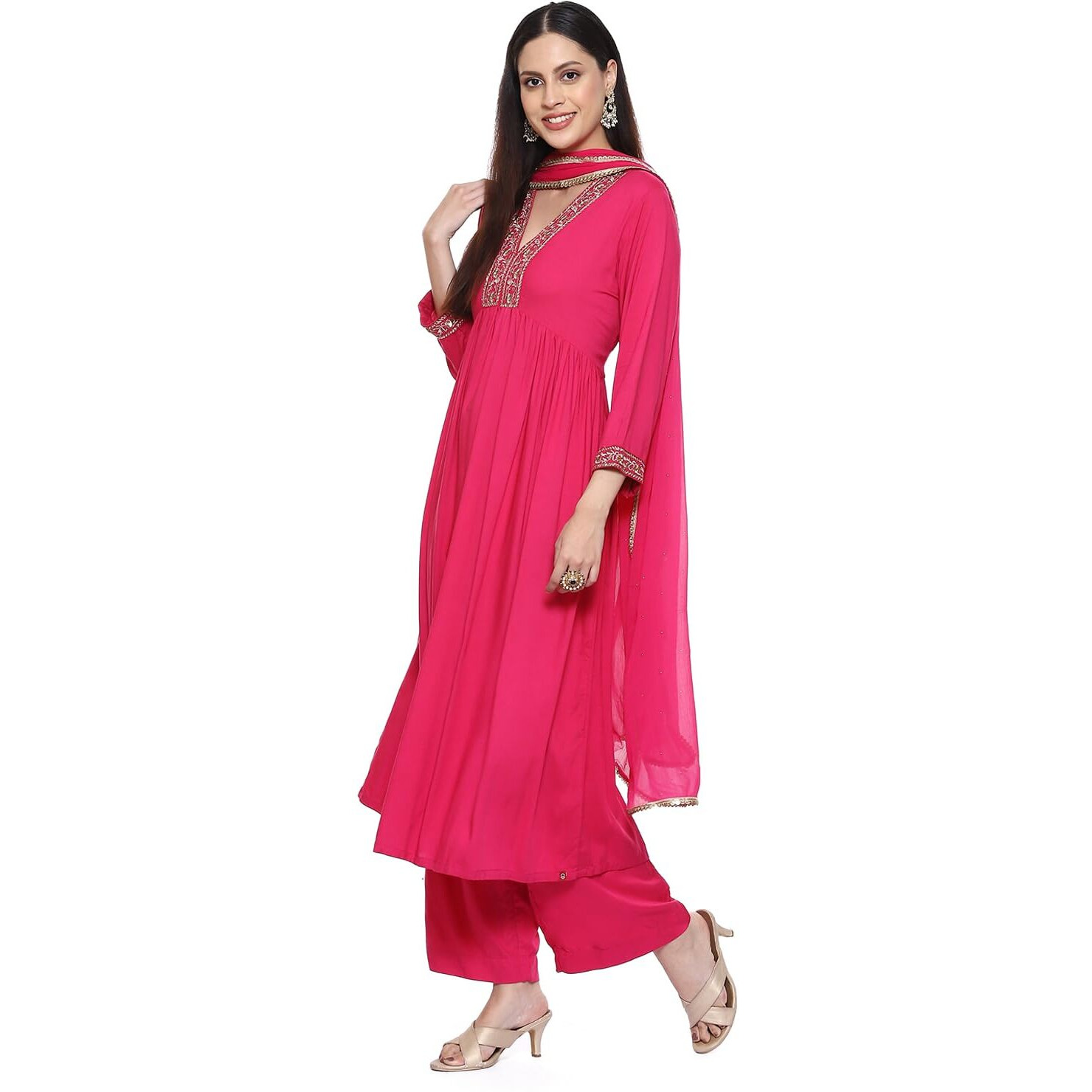 BIBA Cotton Blend Women's Solid Gathered Salwar Kurta Dupatta(Skdassorted8909_Fuchsia_32)
