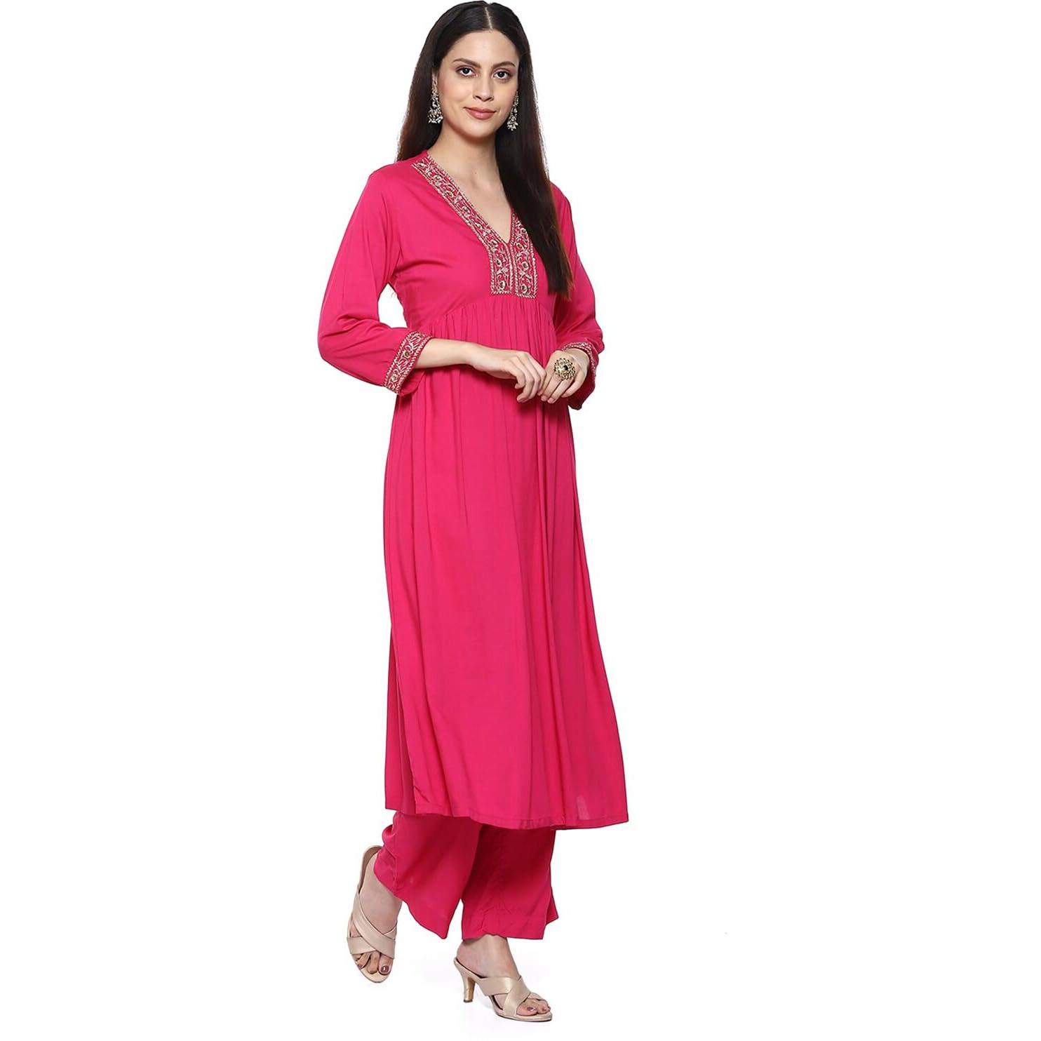 BIBA Cotton Blend Women's Solid Gathered Salwar Kurta Dupatta(Skdassorted8909_Fuchsia_32)