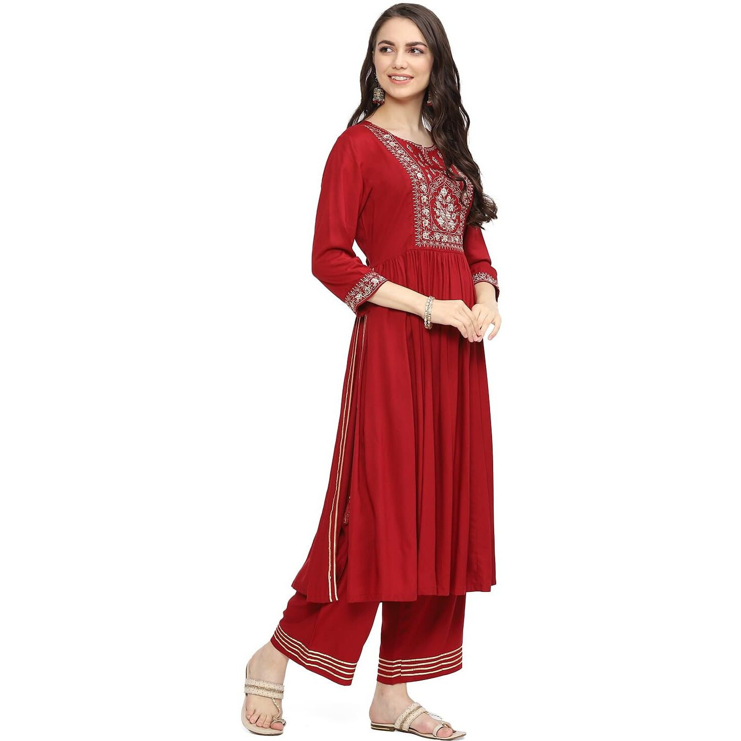 BIBA WOMEN EMBROIDERY GATHERED SALWAR KURTA DUPATTA(SKDASSORTED8911_MAROON_32)