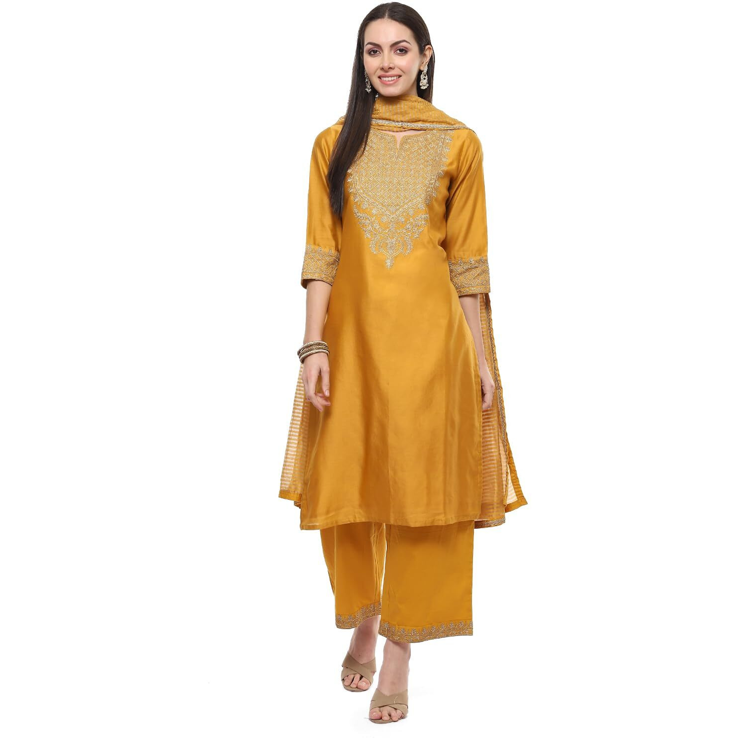 BIBA Women's Polyester Blend Embroidery Straight Salwar Kurta Dupatta (Skdmarodi8988_Mustard_34)