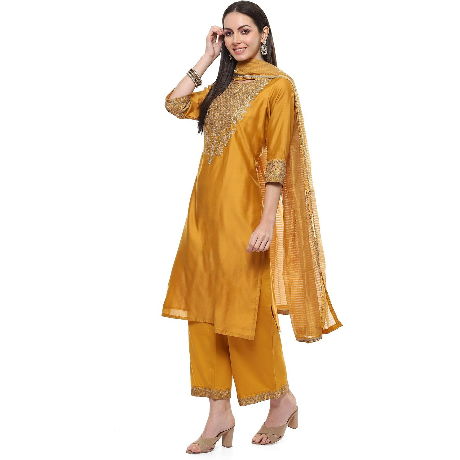 BIBA Women's Polyester Blend Embroidery Straight Salwar Kurta Dupatta (Skdmarodi8988_Mustard_34)