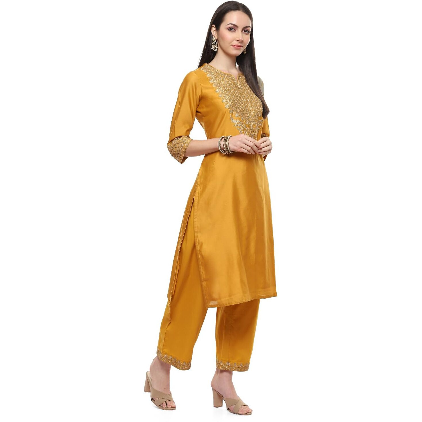 BIBA Women's Polyester Blend Embroidery Straight Salwar Kurta Dupatta (Skdmarodi8988_Mustard_34)