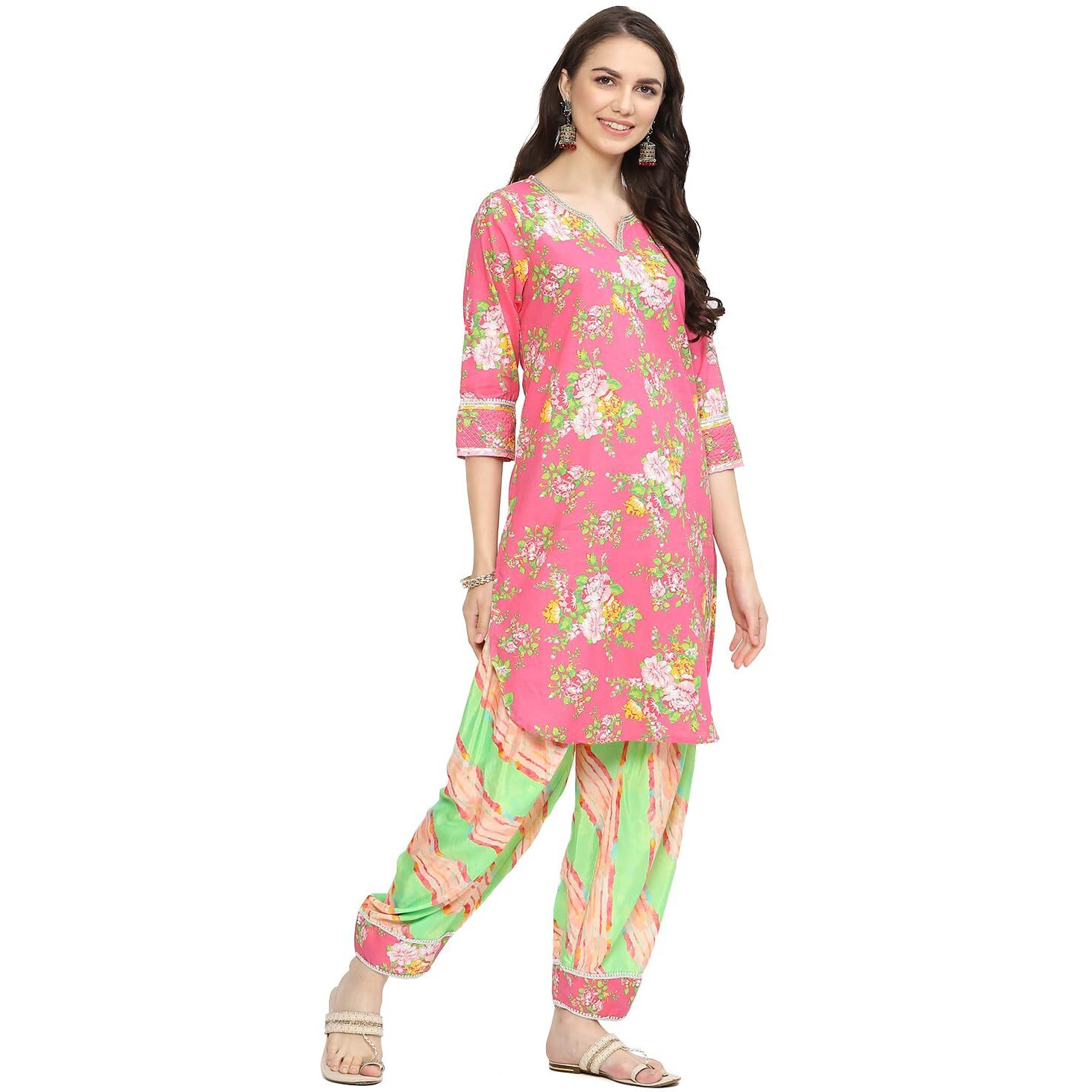 BIBA Women's Cotton Printed Straight Salwar Kurta Dupatta (Skdrang8934_Pink - Green_42)