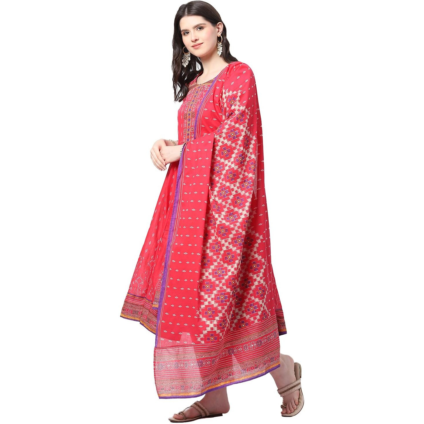 BIBA Cotton Women Printed Anarkali Salwar Kurta Dupatta(Skdassorted8827_Red_38)