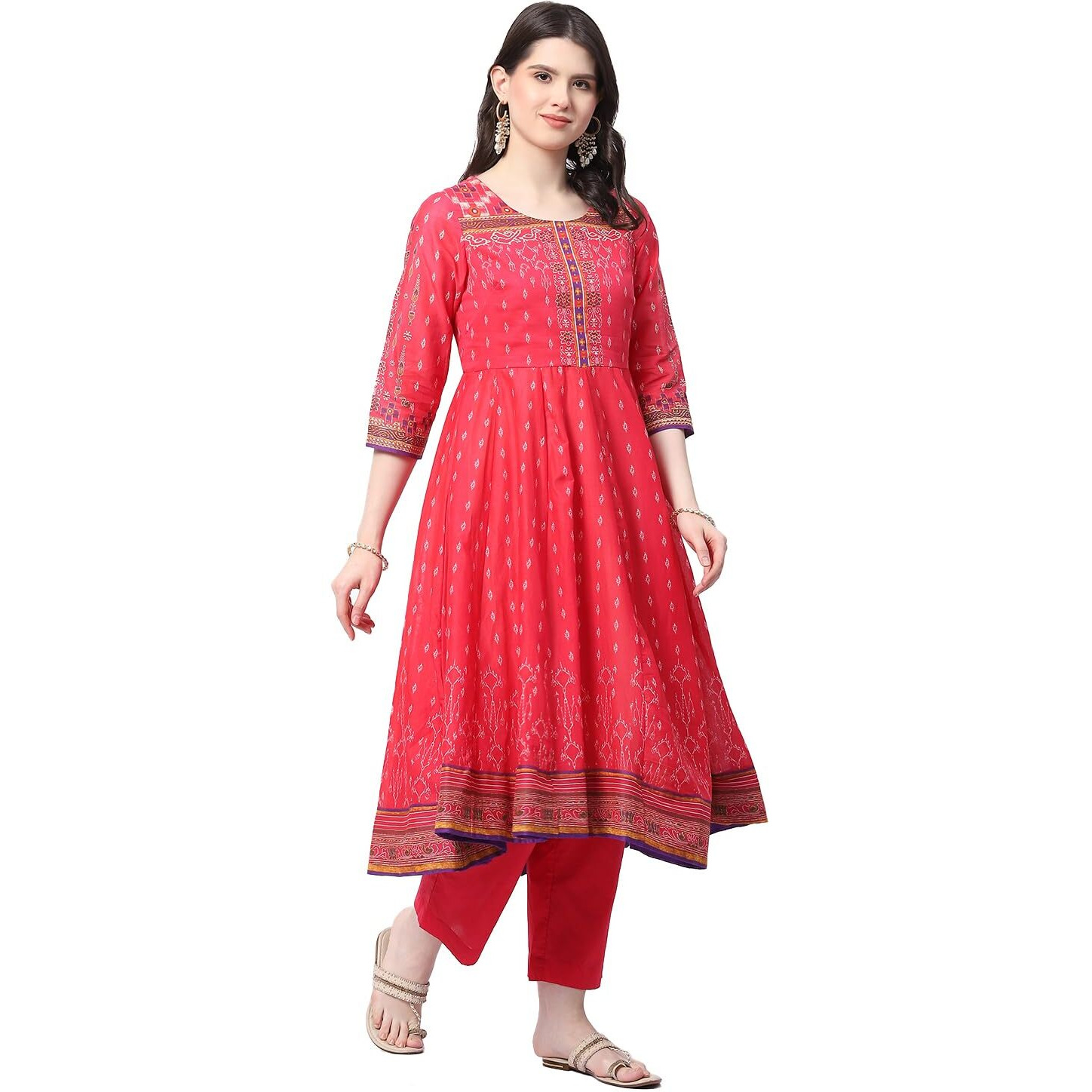 BIBA Cotton Women Printed Anarkali Salwar Kurta Dupatta(Skdassorted8827_Red_38)