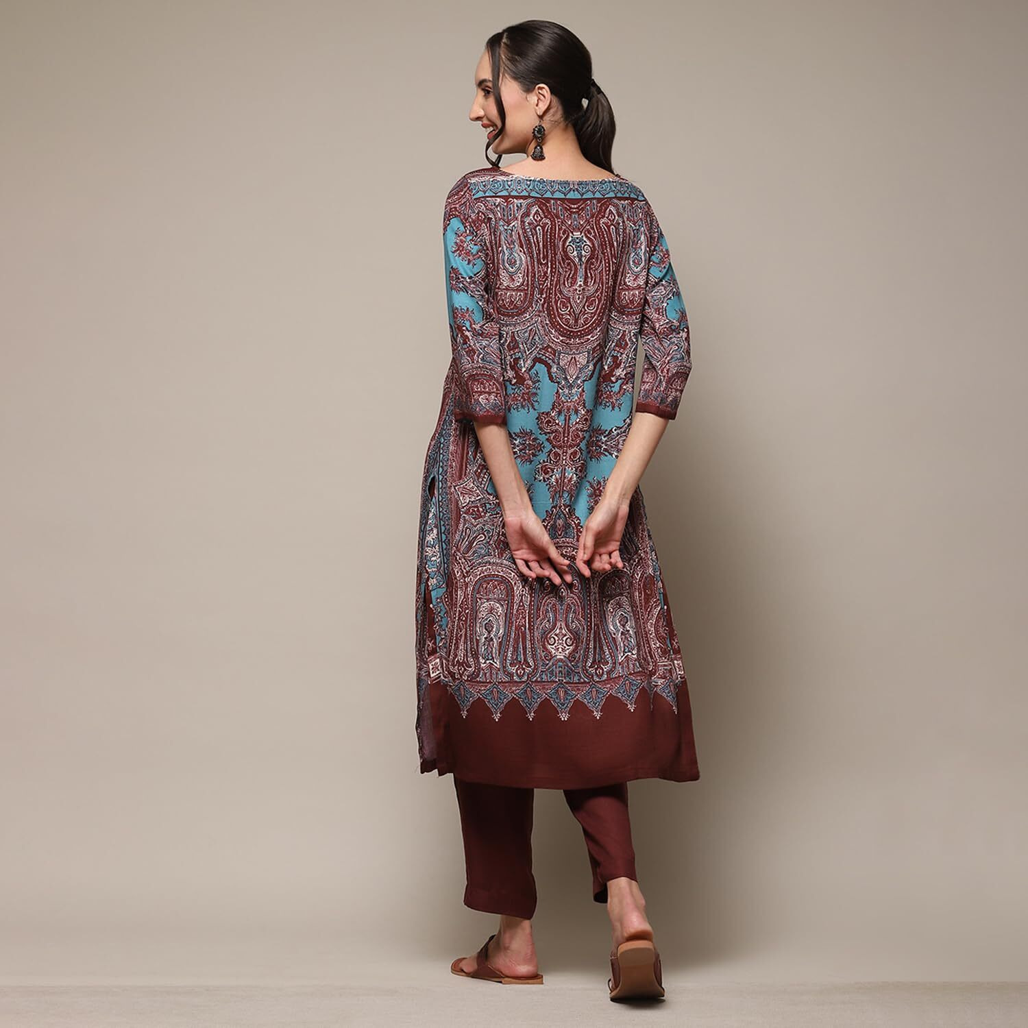 BIBA Women's Cotton Printed Straight Mix & Match (Jamawar 19680_Teal_36, Tunic Shirt)