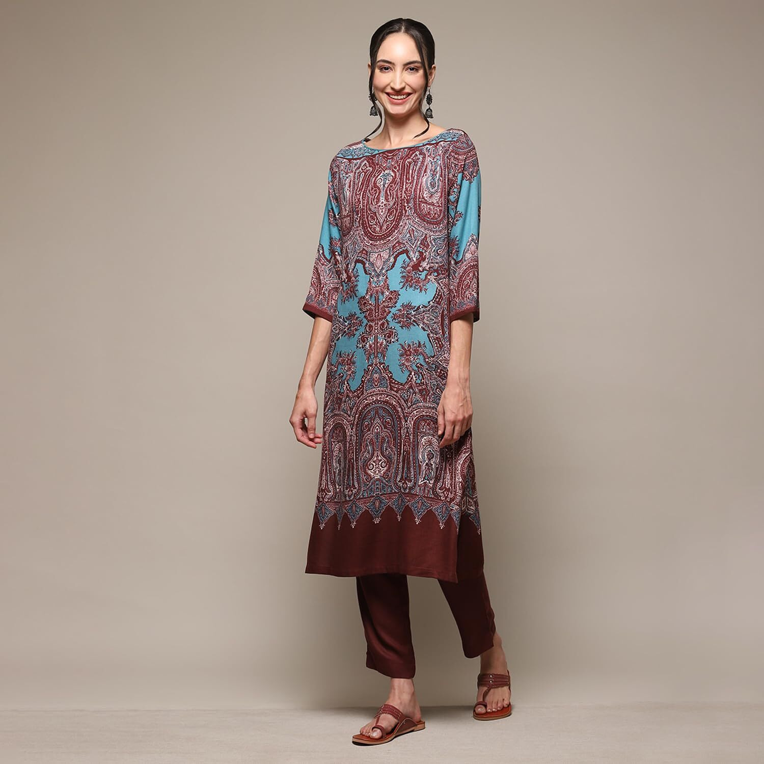 BIBA Women's Cotton Printed Straight Mix & Match (Jamawar 19680_Teal_36, Tunic Shirt)