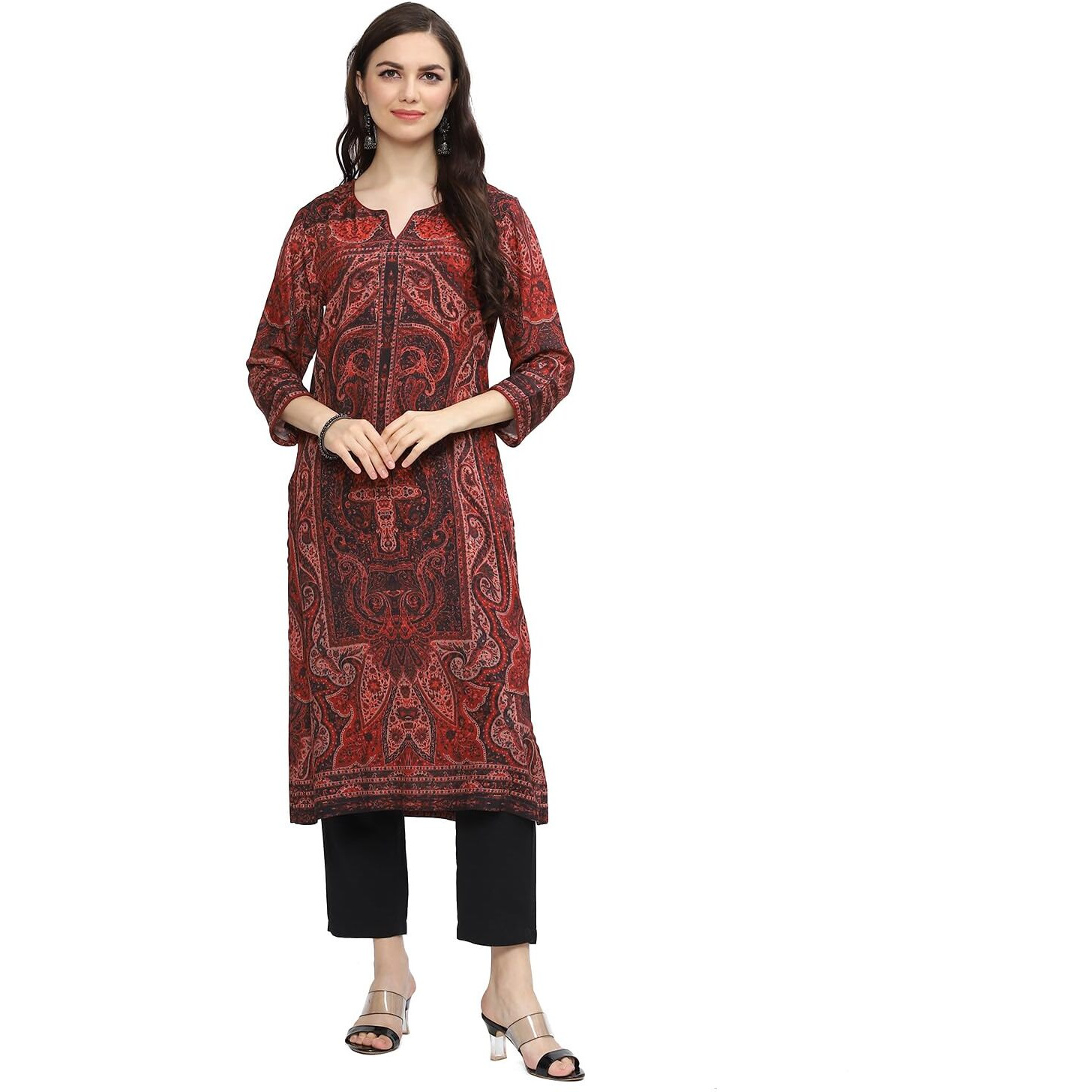 BIBA Women Printed Straight Mix and Match(Jamawar 19681_Dull RED_34)