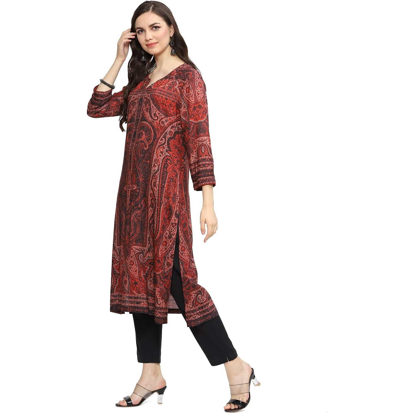 BIBA Women Printed Straight Mix and Match(Jamawar 19681_Dull RED_34)
