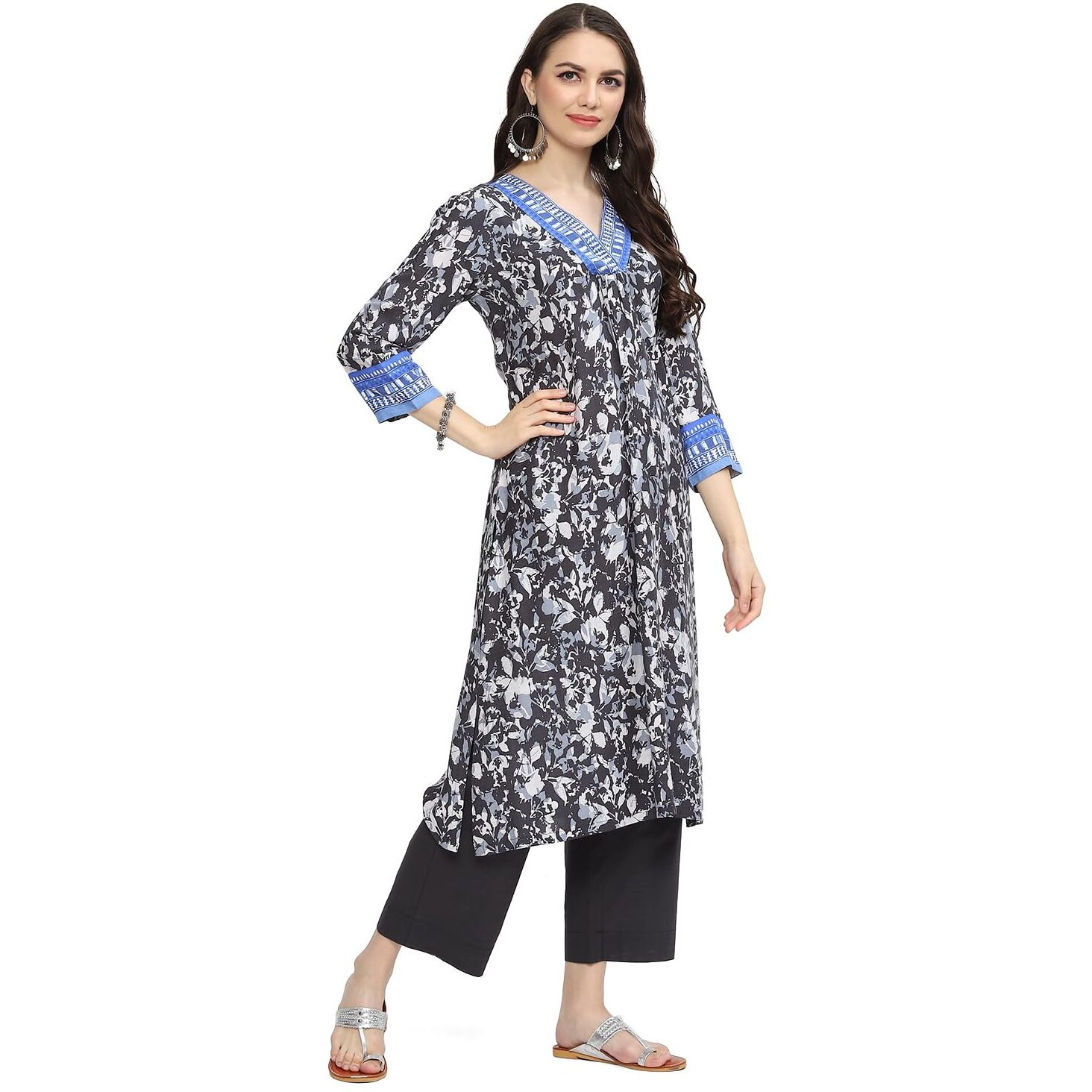 BIBA Women Rayon Printed Straight Salwar Kurta Dupatta(Skdassorted8948_Charcoal_38)