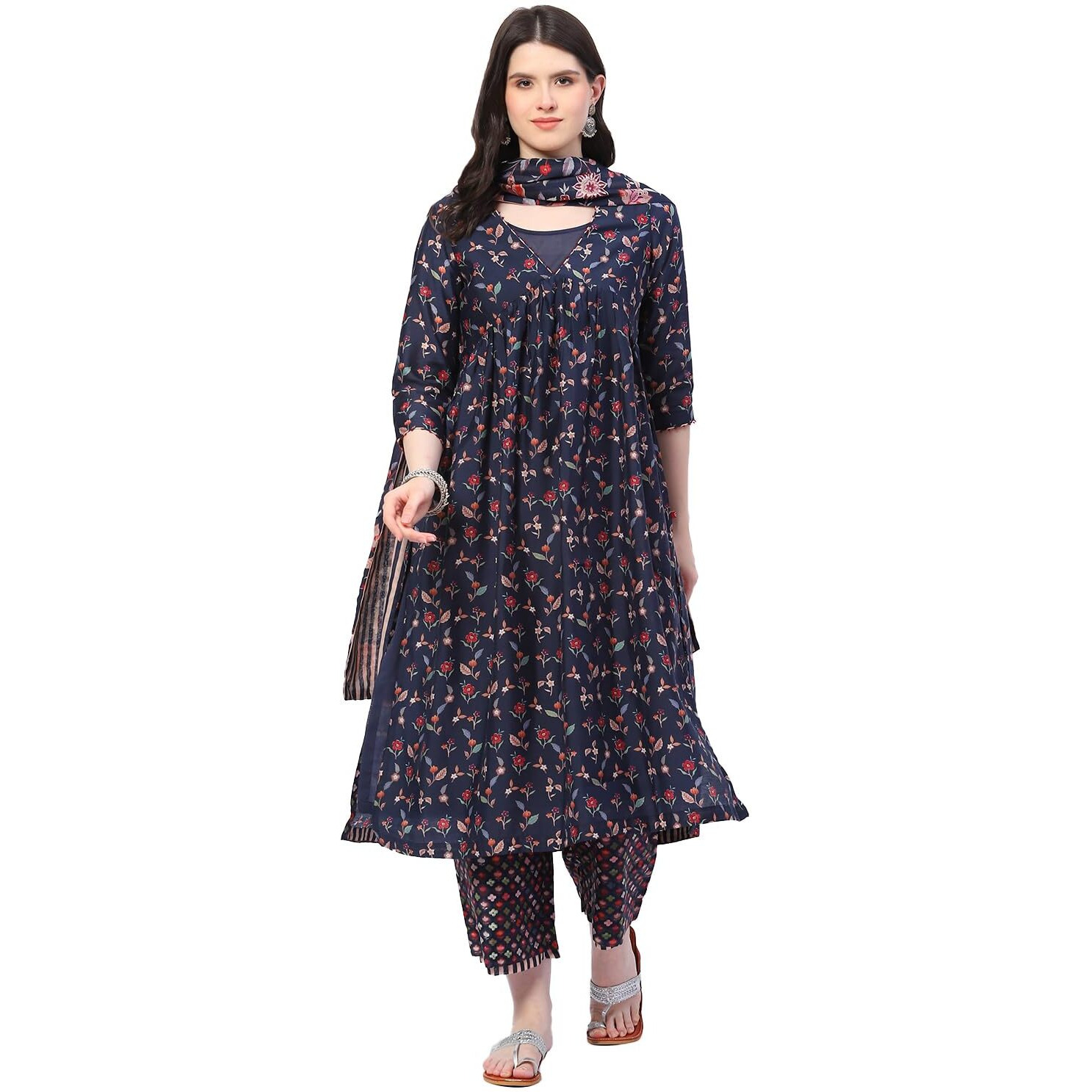 BIBA Women's Polycotton Printed Layered Salwar Kurta Dupatta (Skdlinear C8890_Navy_32)