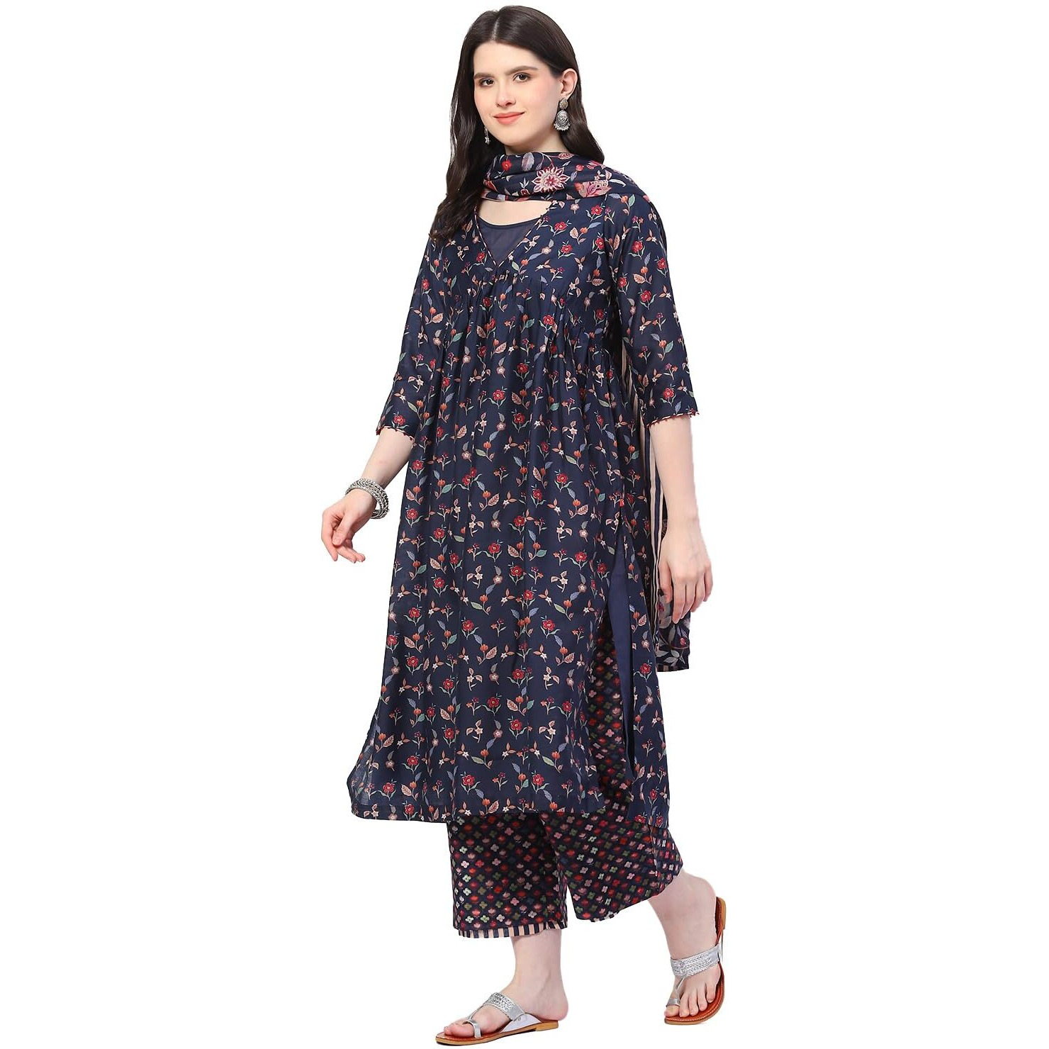 BIBA Women's Polycotton Printed Layered Salwar Kurta Dupatta (Skdlinear C8890_Navy_32)