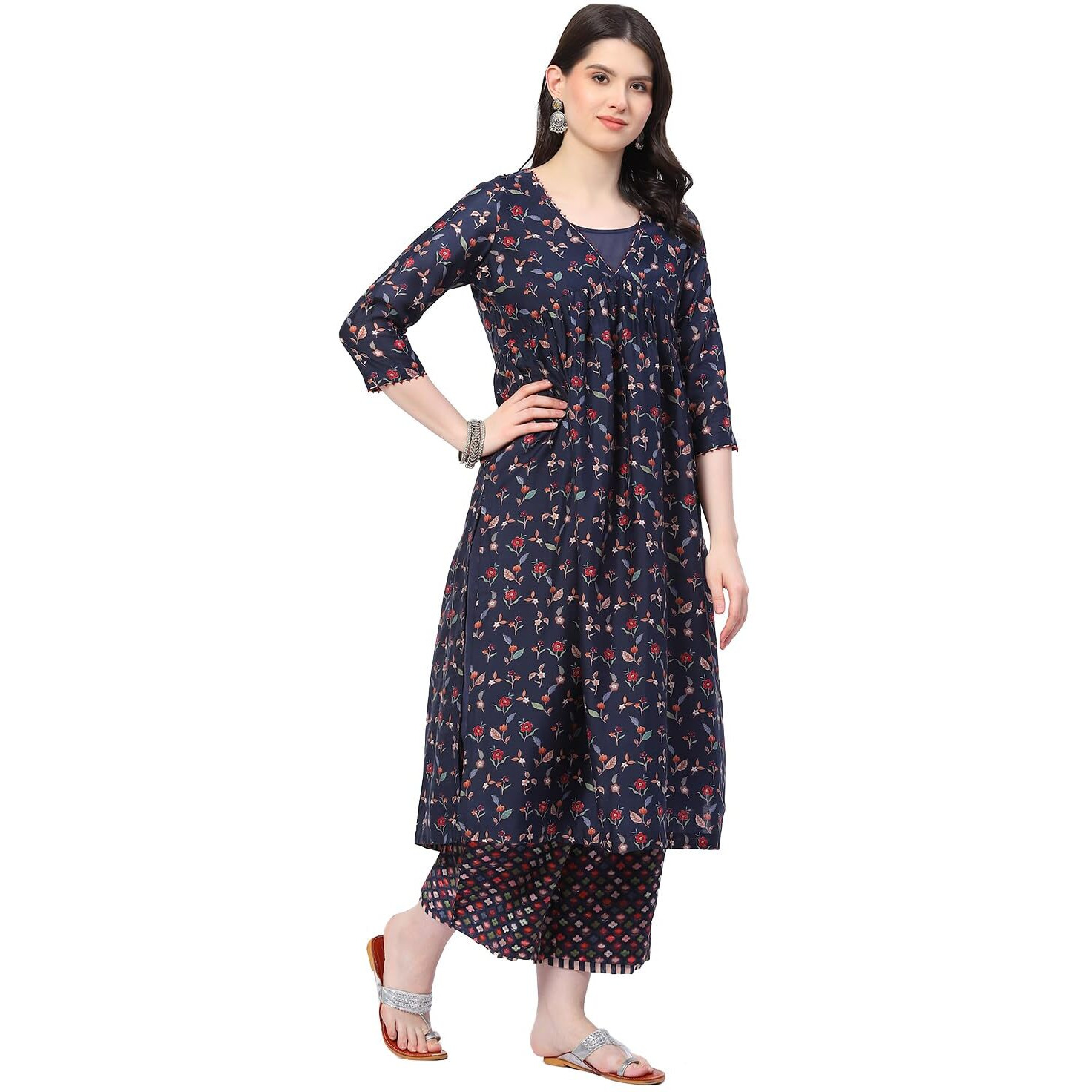 BIBA Women's Polycotton Printed Layered Salwar Kurta Dupatta (Skdlinear C8890_Navy_32)