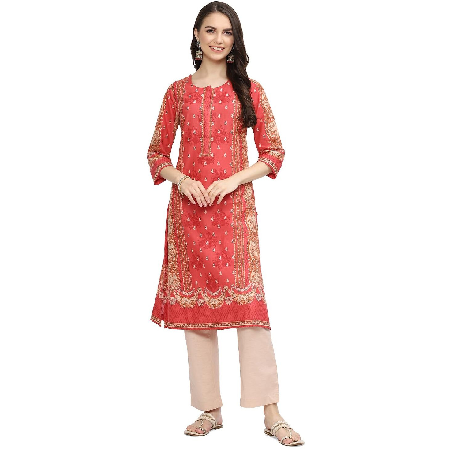 BIBA WOMEN PRINTED STRAIGHT SALWAR KURTA DUPATTA(SKDINDIE TO8959_CORAL_36)