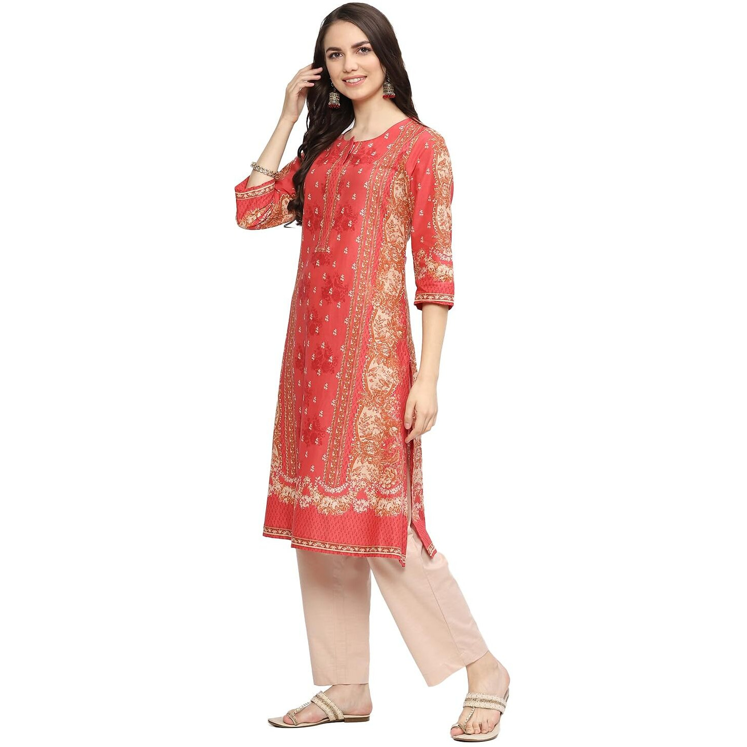 BIBA WOMEN PRINTED STRAIGHT SALWAR KURTA DUPATTA(SKDINDIE TO8959_CORAL_36)