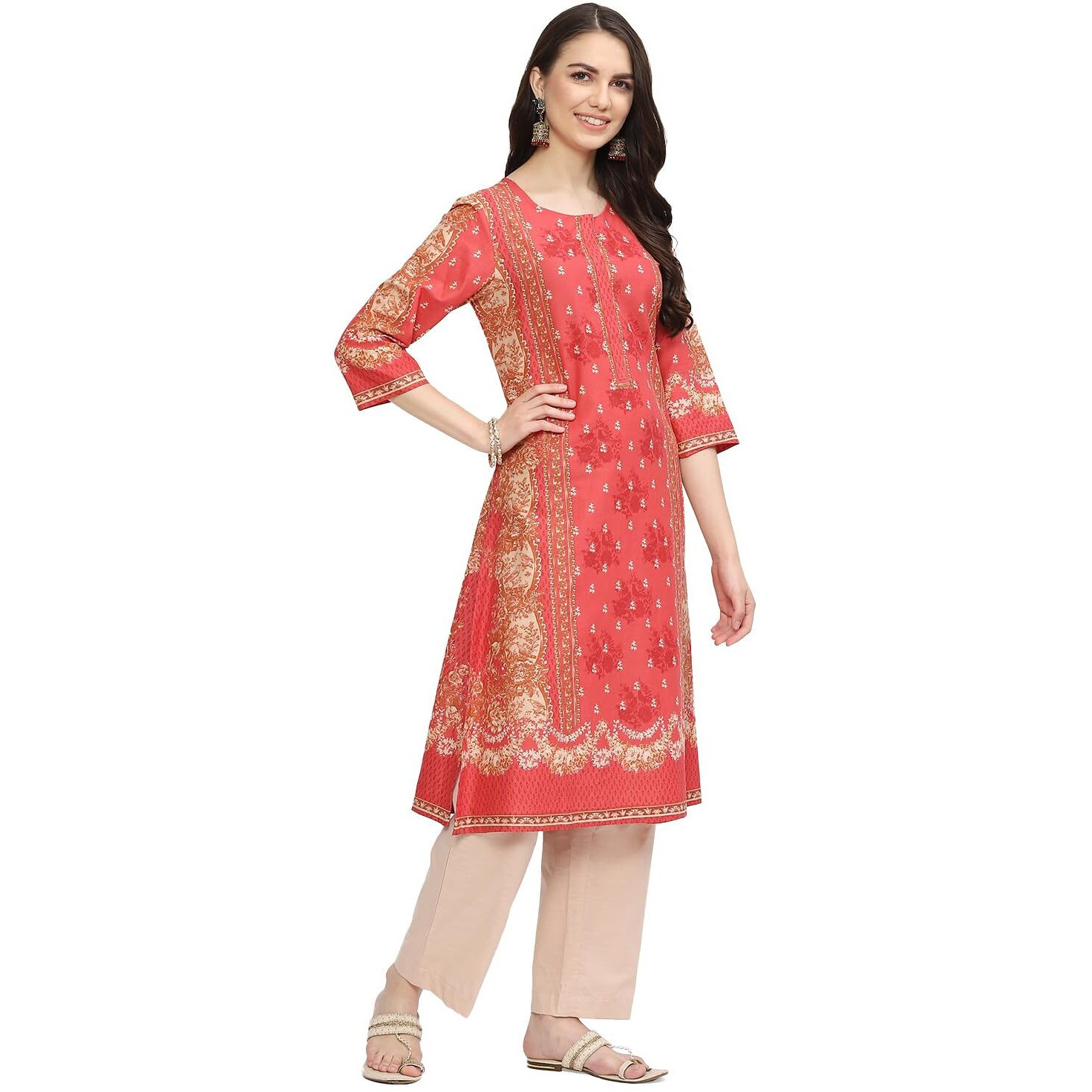 BIBA WOMEN PRINTED STRAIGHT SALWAR KURTA DUPATTA(SKDINDIE TO8959_CORAL_36)