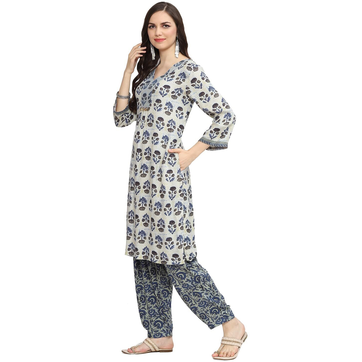 BIBA Women Printed Straight Mix and Match(2 PCS SE2127_BATK BLU_34)