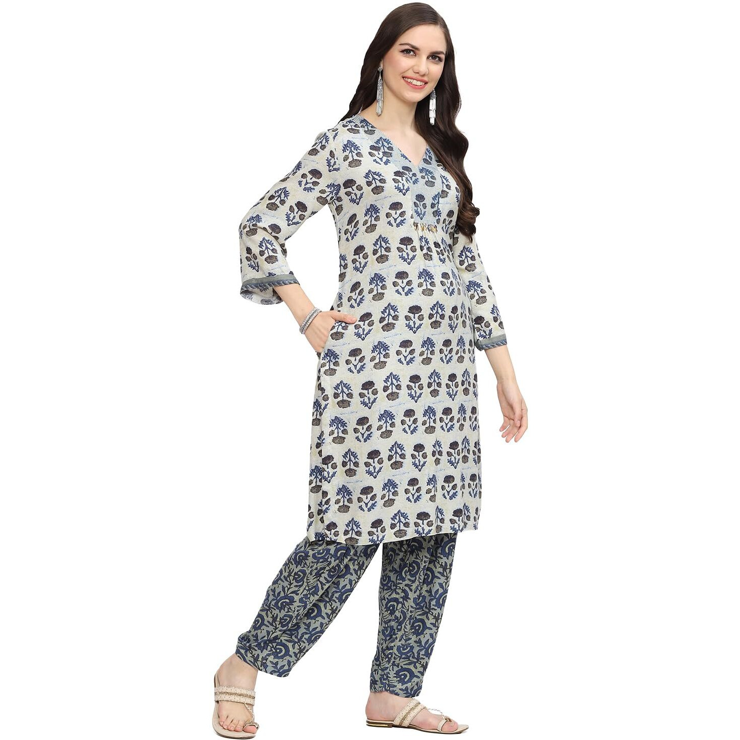BIBA Women Printed Straight Mix and Match(2 PCS SE2127_BATK BLU_34)