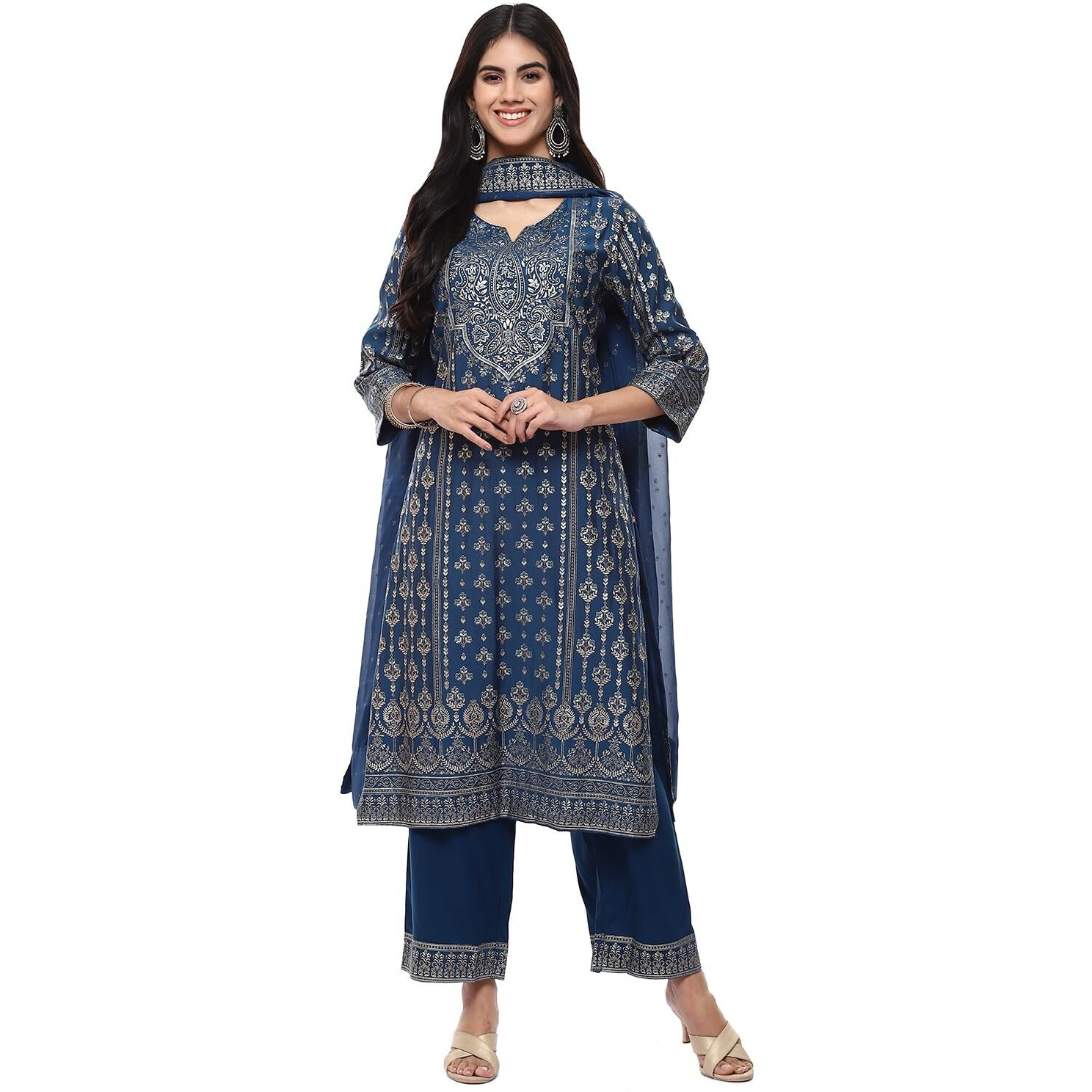 BIBA Polyester Blend Women's Printed Straight Salwar Kurta Dupatta(Skddurgotsa8916_Teal_38)