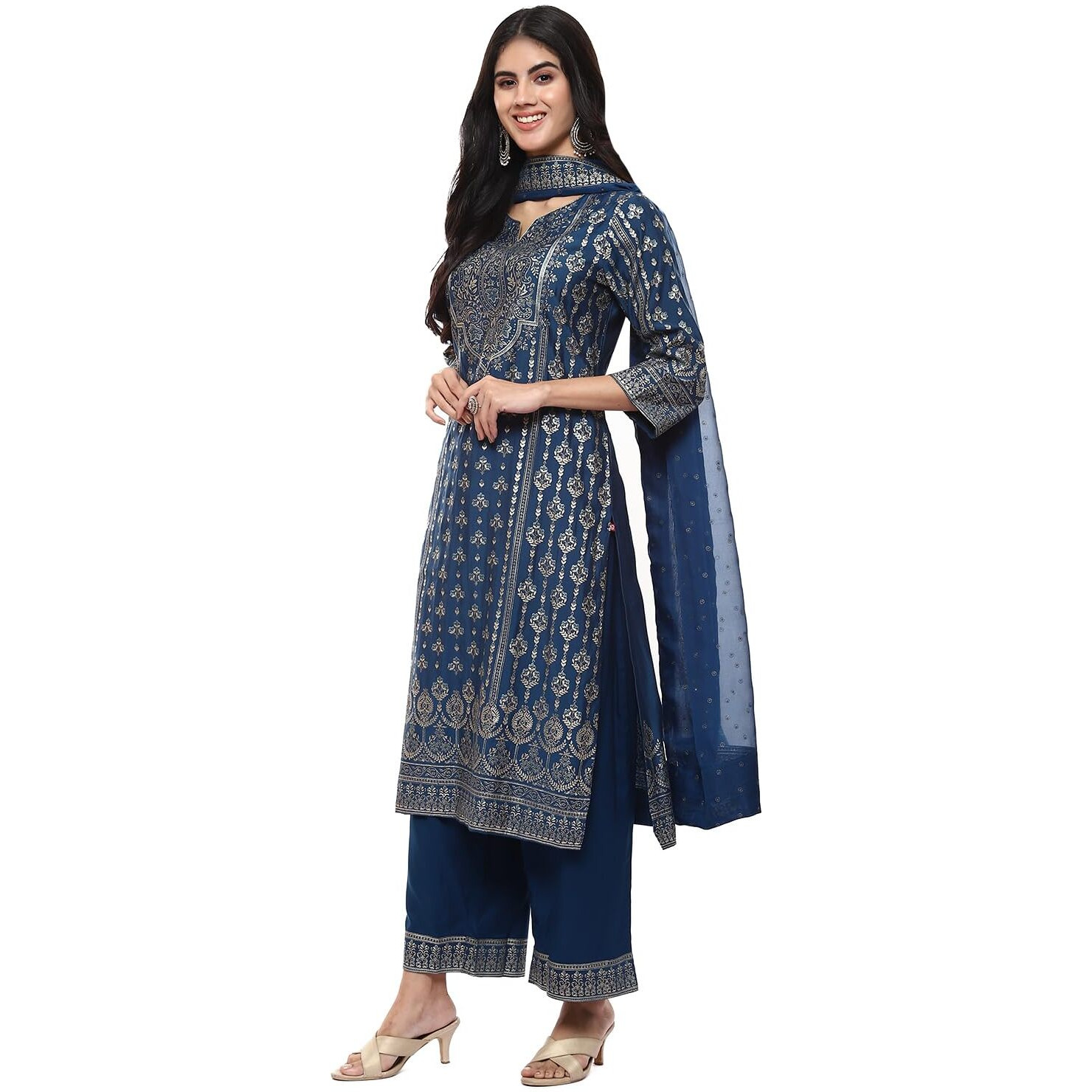 BIBA Polyester Blend Women's Printed Straight Salwar Kurta Dupatta(Skddurgotsa8916_Teal_38)