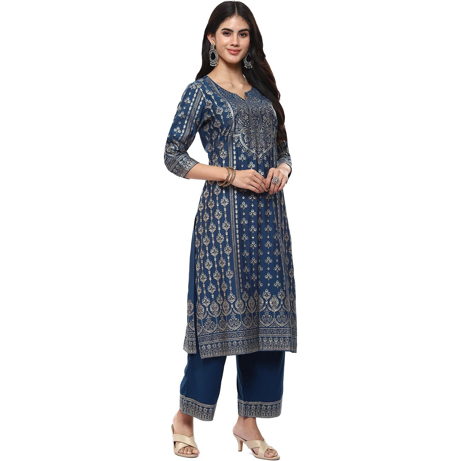 BIBA Polyester Blend Women's Printed Straight Salwar Kurta Dupatta(Skddurgotsa8916_Teal_38)