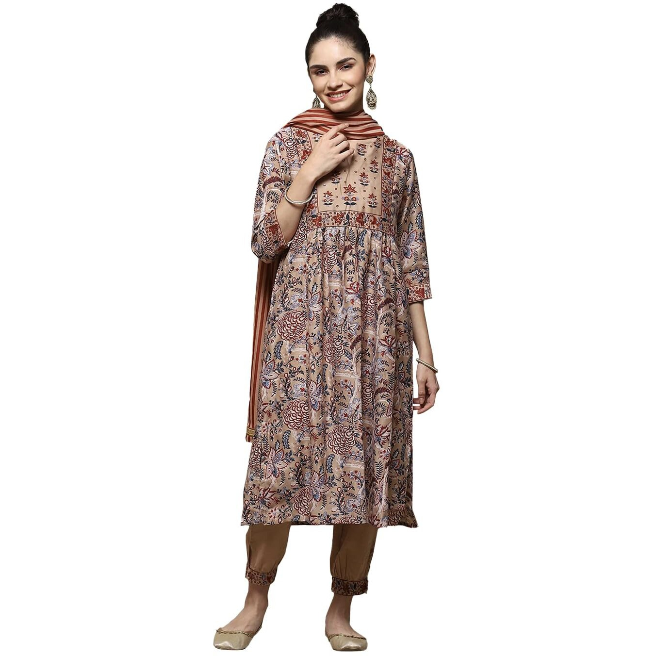 BIBA WOMEN PRINTED LAYERED SALWAR KURTA DUPATTA(SKDLINEAR C8892_BEIGE_34)